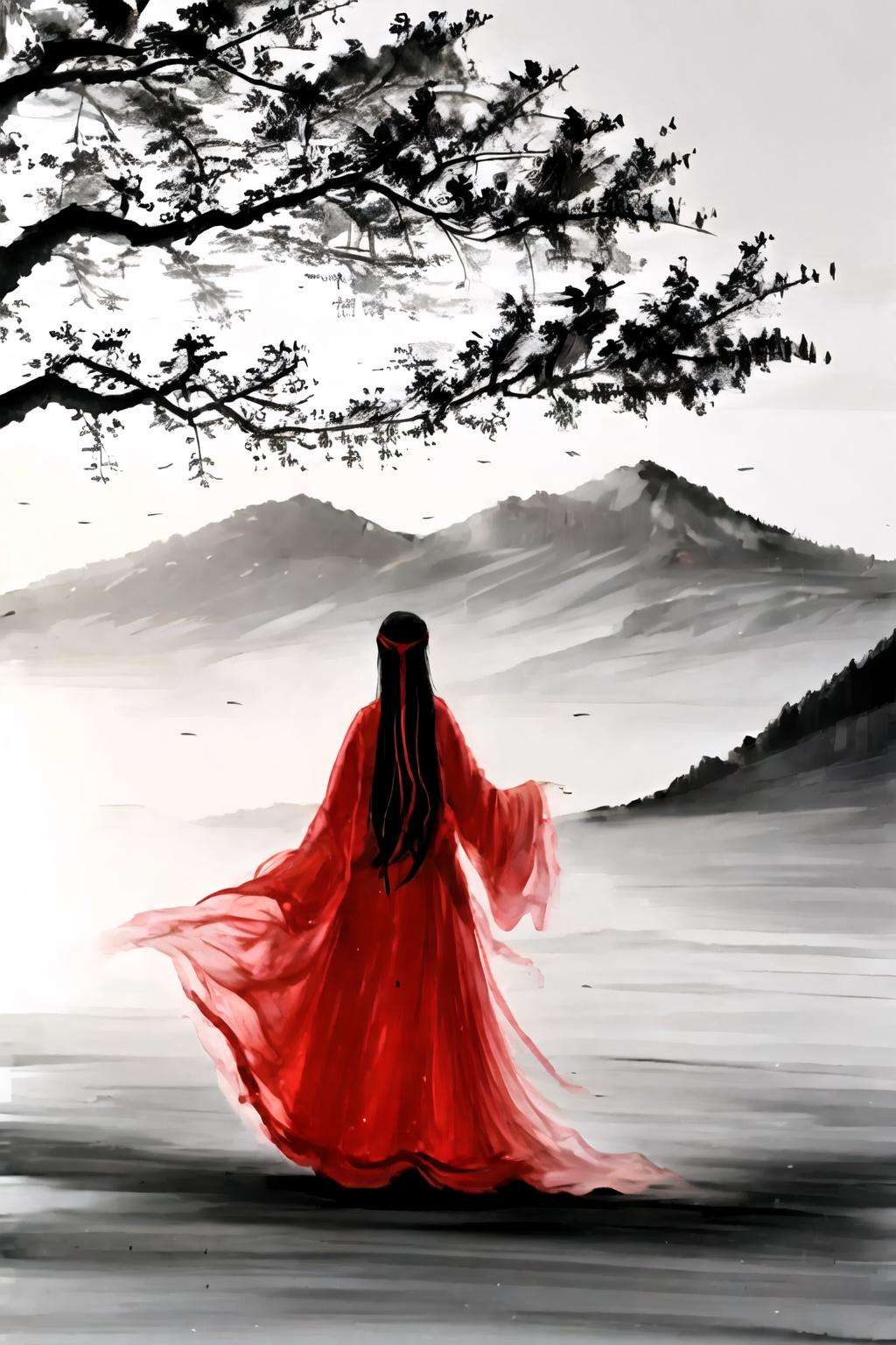 1girl,tree,<lora:ink_xiakexing_v1_512:0.8>,red dress,