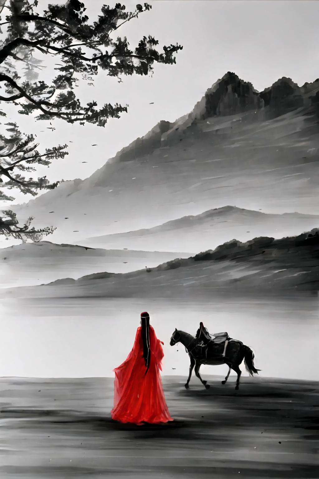 1girl,tree,<lora:ink_xiakexing_v1_512:0.8>,red dress,holding a horse,