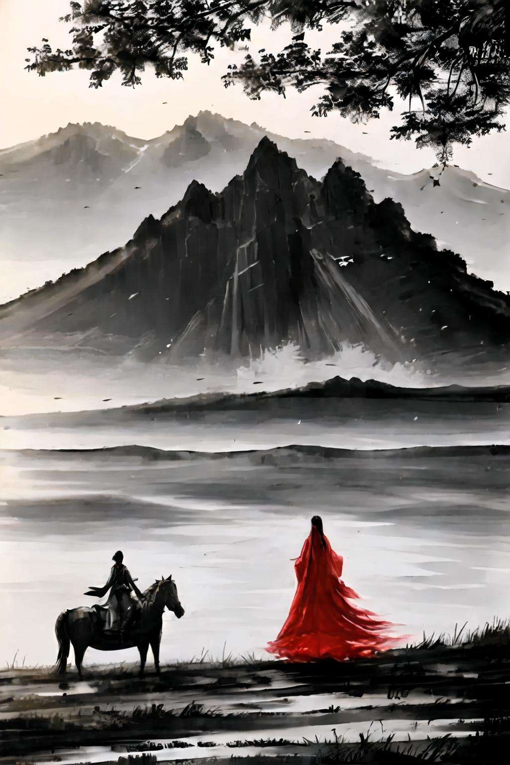 1girl,tree,<lora:ink_xiakexing_v2_128:0.8>,red dress,holding a horse,