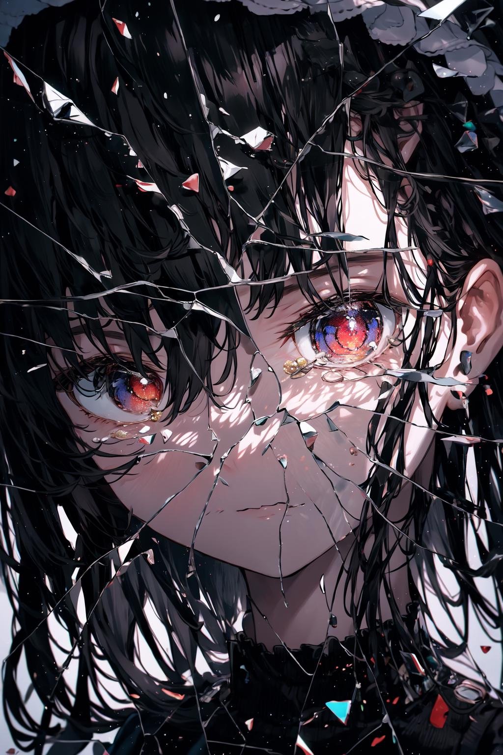 <lora:glass_crack_effects:1>, 1 girl,black lolita,cry