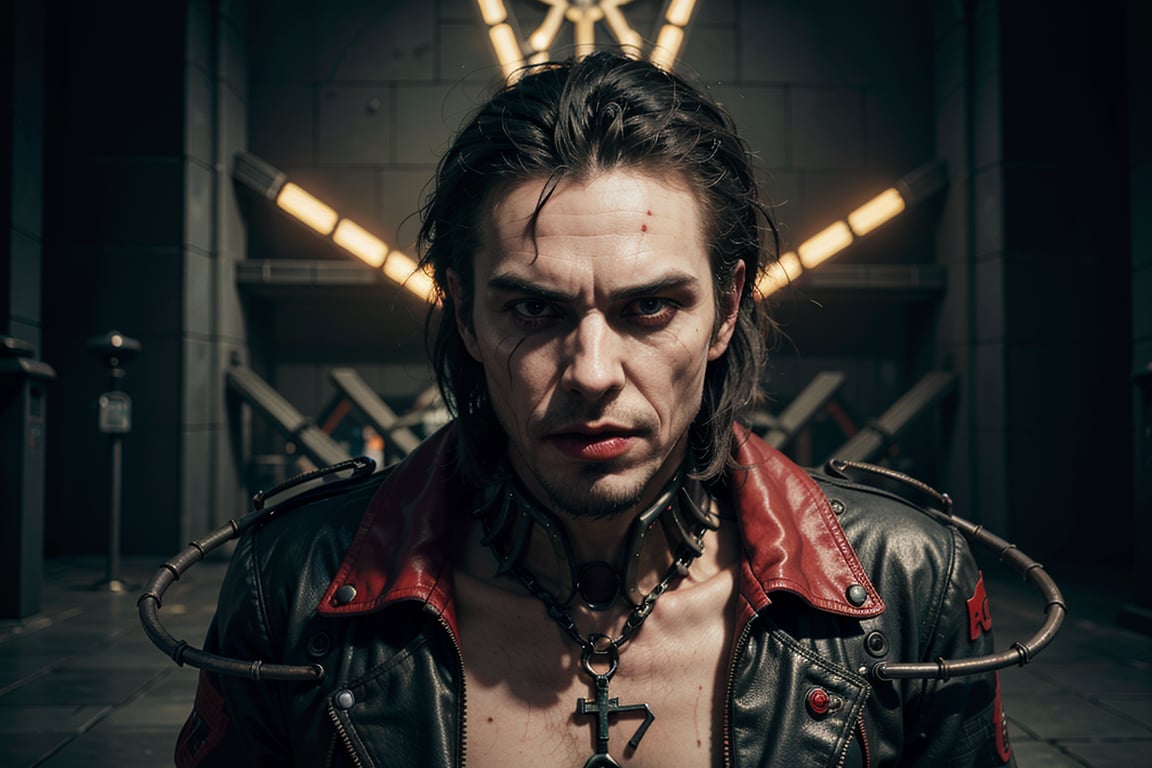 (Morbius from Marvel, portrayed with hyper-realistic perfection and Joker-style hair), (Biomechanical robot in a cyberpunk cathedral), This award-winning photo, featured on Zbrush Central, captures Morbius in a hyper-realistic portrayal with a distinct Joker-style hairdo. The intricate biomechanical details, extremely sharp lines, and the presence of a cybernetic limb complement the cyberpunk atmosphere of a gothic brutalist cathedral illuminated by neon lights.