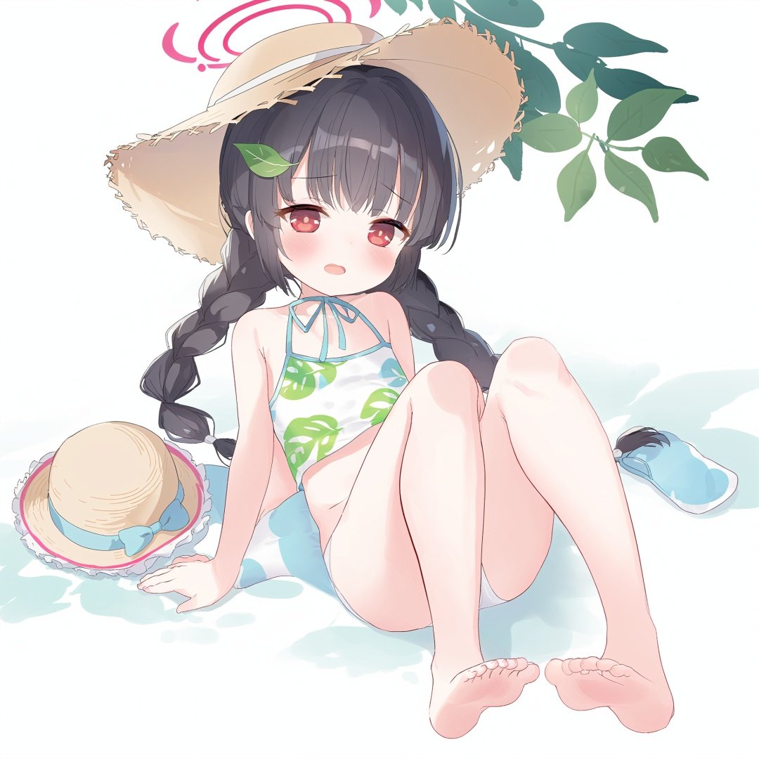 1girl, red eyes, hat, solo, swimsuit, halo, feet, toes, black hair, barefoot, miyu (blue archive), bikini, soles, braid, long hair, sitting, twin braids, Green leaves,white background, looking at viewer, straw hat, simple background, open mouth, white bikini, leaf, blush, bare legs, bangs, small breasts, twintails, full body