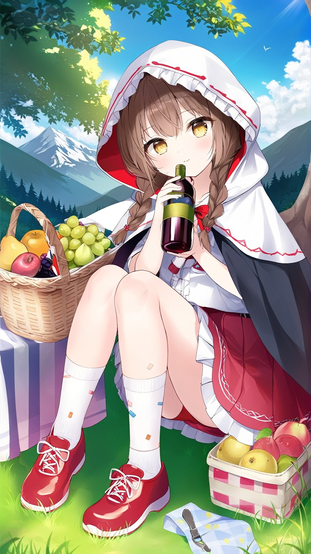 1girl, bottle, solo, skirt, sitting, braid, outdoors, hood, shirt, socks, white socks, white shirt, red skirt, twin braids, shoes, bandaid, red footwear, wine bottle, looking at viewer, tree, brown hair, day, long hair, holding, frills, little red riding hood (grimm), frilled skirt, food, bandaid on leg, mary janes, closed mouth, yellow eyes, hood up, bow, basket, kneehighs, fruit, sky, cloak, hooded cloak, grass, bangs, hooded cape, hooded capelet, alcohol, animal hood, full body, picnic basket, cup, cloud, bandaid on knee, pleated skirt, mountain, cape, brown eyes, collarbone