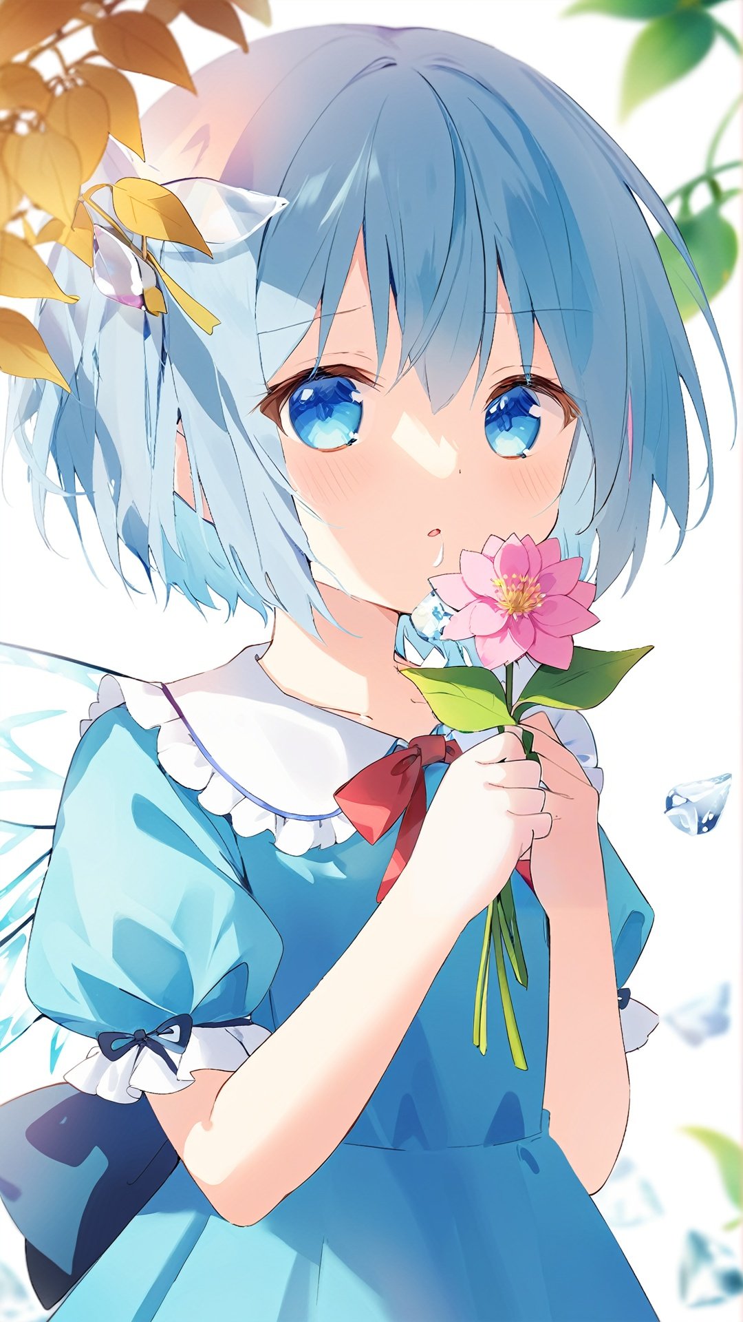 1girl, solo, flower, blue eyes, cirno, sweet-scented, blue hair, looking at viewer, tanned cirno, short sleeves, short hair, backlighting, puffy sleeves, bow, hair bow, upper body, dress, puffy short sleeves, holding flower, petals, blue bow, ribbon, holding, white background, blue dress, red ribbon, mouth hold, bangs, simple background, ice wings, shirt, depth of field, blurry, neck ribbon, wings, plant, leaf, white shirt, pink flower, vines