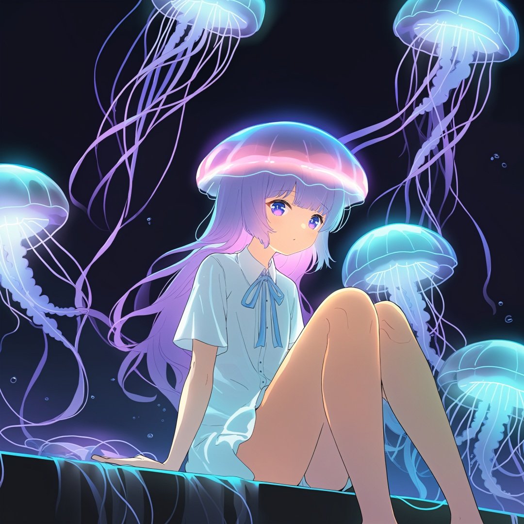 glowing jellyfish neon light, 1girl, sitting,wariza, (cute illustration:1.2), absurd-resolution, ultra-detailed, best quality,