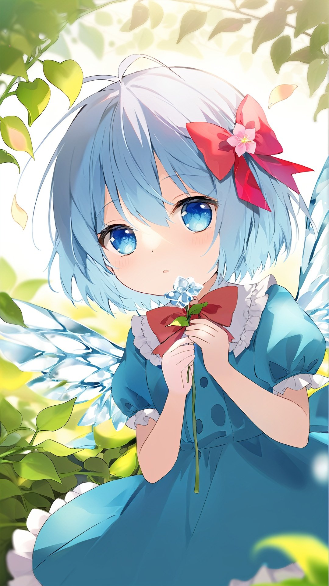 1girl, solo, flower, blue eyes, cirno, sweet-scented, blue hair, looking at viewer, tanned cirno, short sleeves, short hair, backlighting, puffy sleeves, bow, hair bow, upper body, dress, puffy short sleeves, holding flower, petals, blue bow, ribbon, holding, white background, blue dress, red ribbon, mouth hold, bangs, simple background, ice wings, shirt, depth of field, blurry, neck ribbon, wings, plant, leaf, white shirt, pink flower, vines