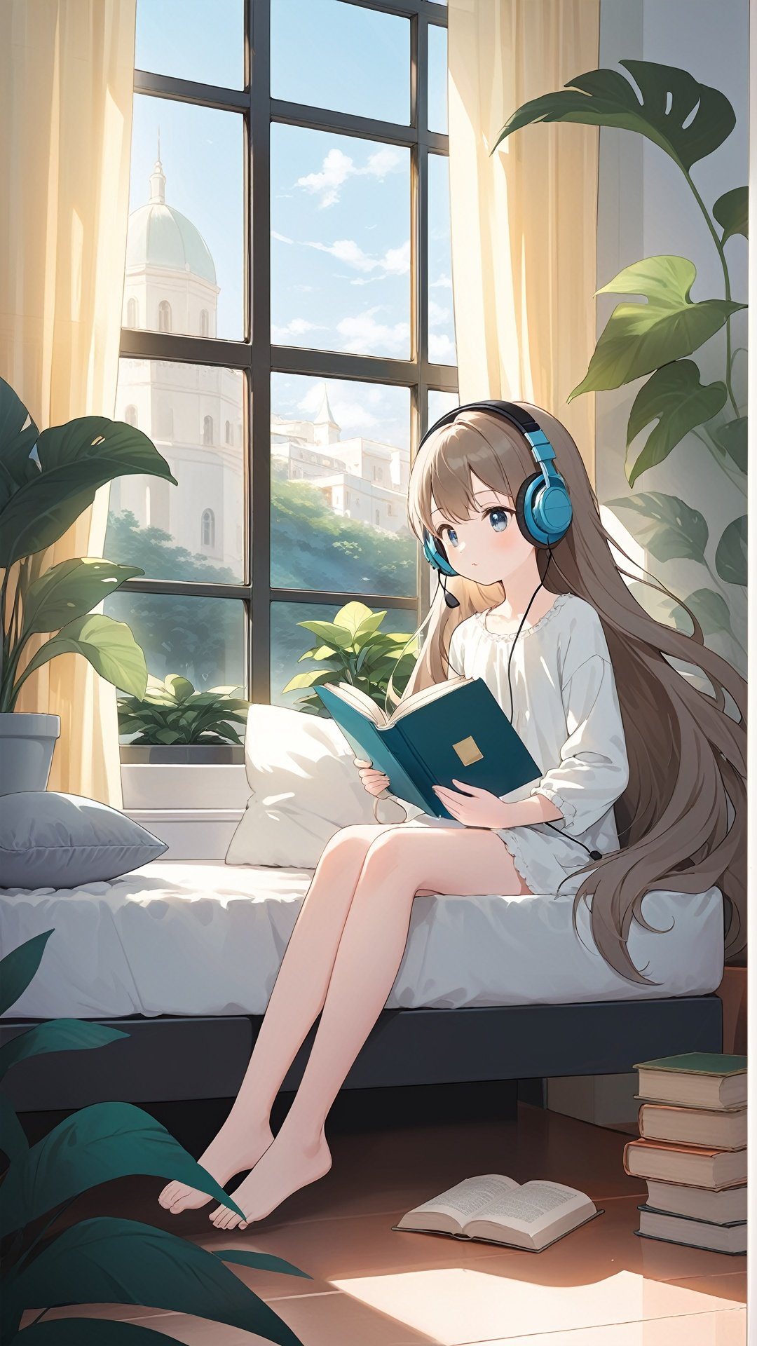 extremely delicate and beautiful, depth of field, amazing, masterpiece, growth, visual impact, ultra-detailed, 1girl, long_hair, Modernist style architecture, window, book, pillow, barefoot, solo, plant, very_long_hair, indoors, potted_plant, headphones, cup, gorgeous, fantasism, nature, refined rendering, original, contour deepening, high-key and low-variance brightness scale, soft light, light and dark interlaced