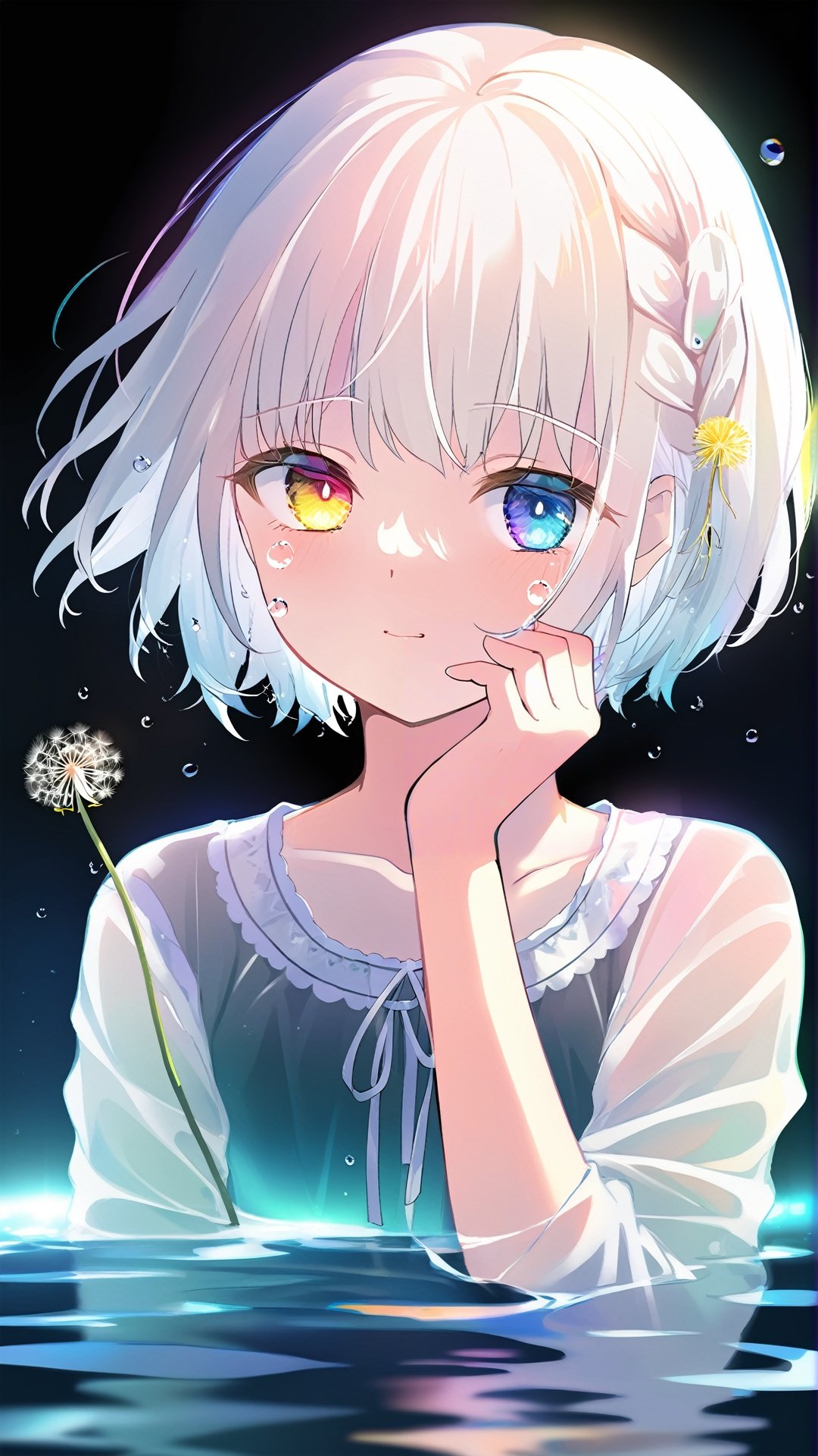 best quality,(chromatic aberration),(beautiful young female:1.4),(streaming tears),sad,(dandelion),(dandelion),(dandelion),looking at viewer,partially submerged,both hands on own cheek,{see-through long shirt},{no bra},(white hair, short hair, braid,bangs:1.2),(glowing eyes),ripples,dark water,black background,(prismatic),