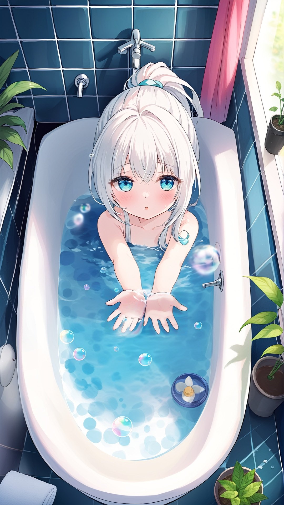 1girl, bathtub, solo, long hair, looking at viewer, window, white hair, bathing, indoors, water, soap bubbles, plant, bathroom, outstretched arms, bubble, bath, towel, blue eyes, ponytail, tiles, soap bottle, bangs, tile wall, potted plant, faucet, partially submerged, wet, blush, from above, parted lips, aqua eyes