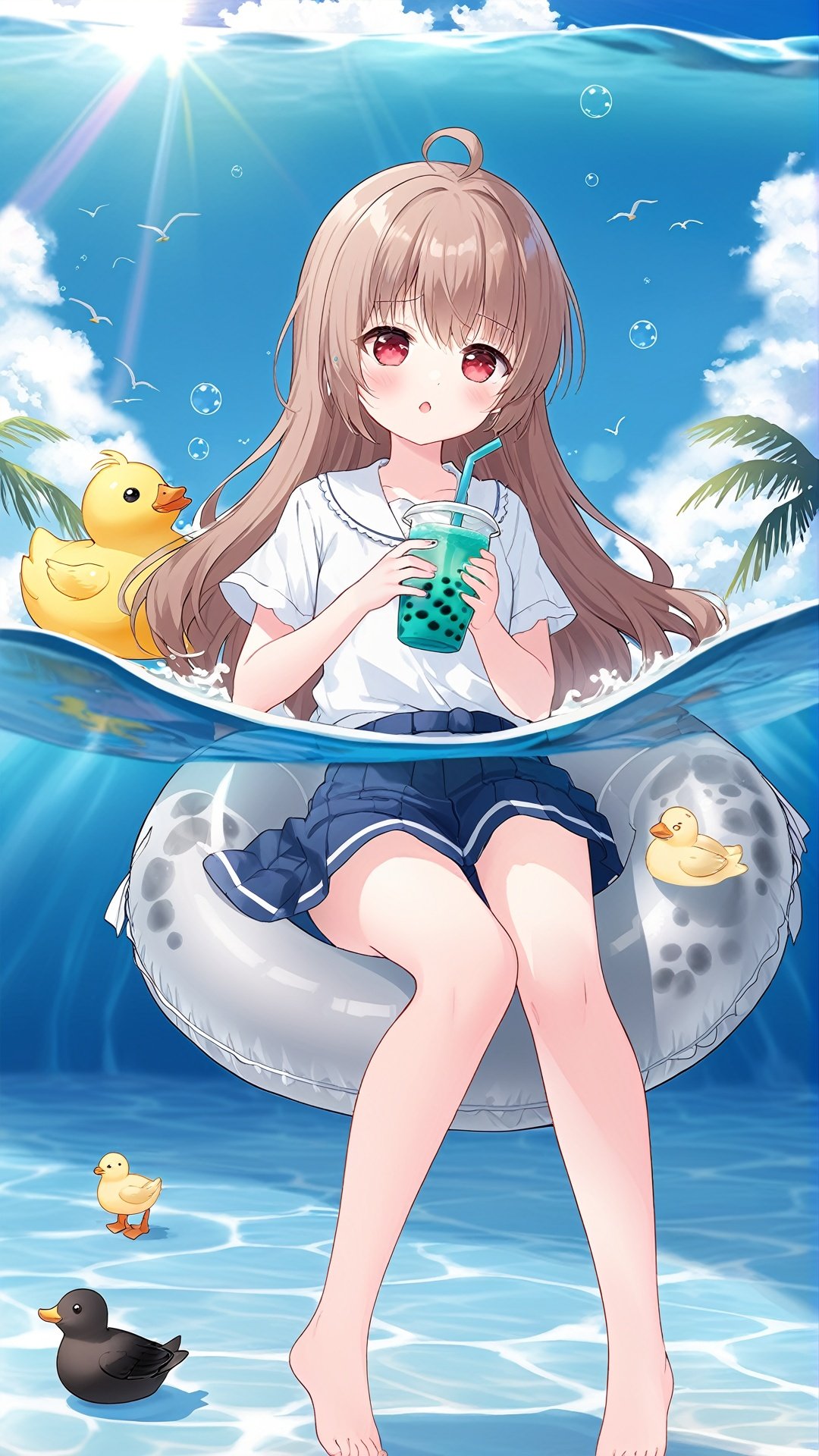 (((full body))), finely detail, Depth of field, (((masterpiece))), ((extremely detailed CG unity 8k wallpaper)), best quality, high resolution illustration, Amazing, intricate detail, (best illumination, best shadow, an extremely delicate and beautiful), (((1 loli))), (((5 years old))), ((little girl)), flat_chest, water, manjuu_\(azur_lane\), ocean, chick, rubber_duck, horizon, innertube, , bird, drinking_straw, pool, waves, feet, splashing, beach, cup, afloat, barefoot, poolside, cloud, day, disposable_cup, wet, long_hair, boat, shirt, drinking, brown_hair, sky, ahoge, bubble_tea, animal, seagull, soaking_feet, red_eyes, ripples, caustics, bubble_tea_challenge, outdoors, blue_sky, in_water, wet_clothes, partially_underwater_shot, signature, white_shirt, cleavage