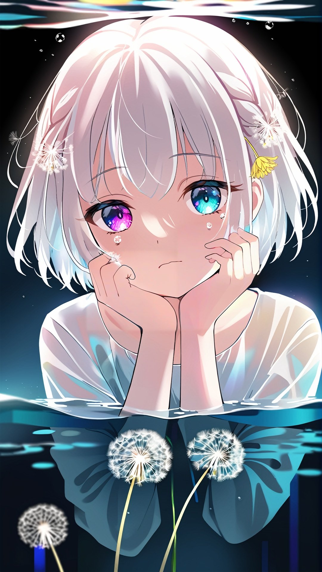 best quality,(chromatic aberration),(beautiful young female:1.4),(streaming tears),sad,(dandelion),(dandelion),(dandelion),looking at viewer,partially submerged,both hands on own cheek,{see-through long shirt},{no bra},(white hair, short hair, braid,bangs:1.2),(glowing eyes),ripples,dark water,black background,(prismatic),