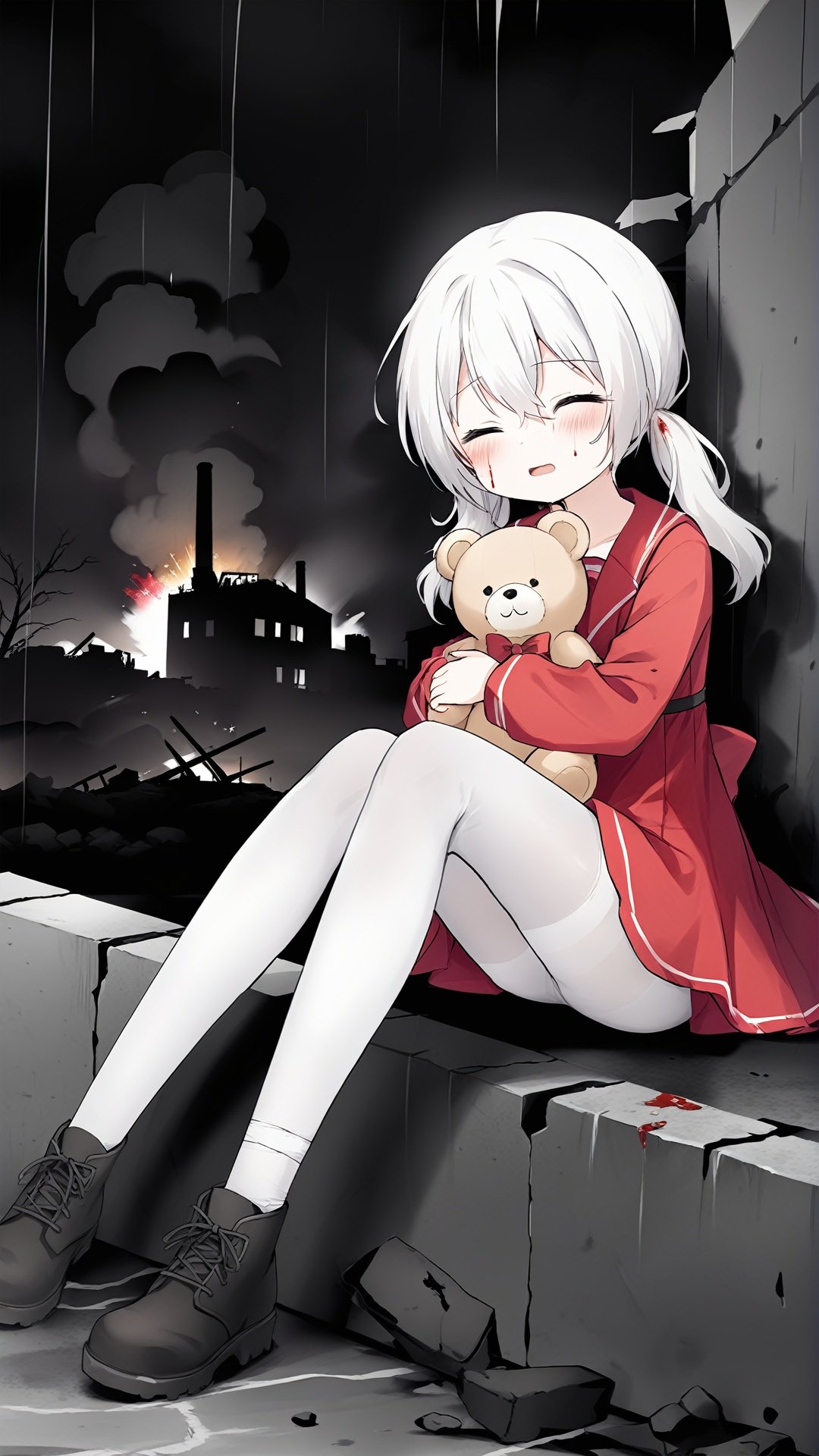 1girl, solo, closed_eyes, parted lips, sitting, injury, broken,red dress,White pantyhose,bandage,Wounds, blood stains,Ankle boots,Holding a plush teddy bear,White hair,low twintails,Cry, grieve, Black and white theme[ruins, rain, nuclear_bomb, explosion, nuclear explosion,boom, explosion, post-apocalypse,broken walls,collapsed houses]