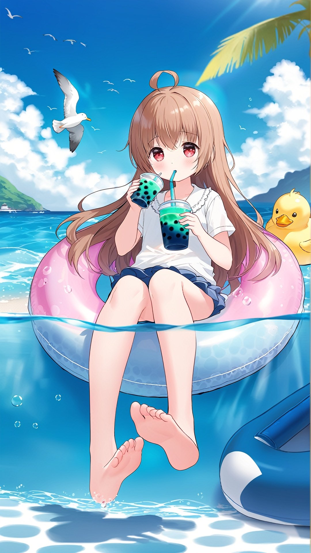 (((full body))), finely detail, Depth of field, (((masterpiece))), ((extremely detailed CG unity 8k wallpaper)), best quality, high resolution illustration, Amazing, intricate detail, (best illumination, best shadow, an extremely delicate and beautiful), (((1 loli))), (((5 years old))), ((little girl)), flat_chest, water, manjuu_\(azur_lane\), ocean, chick, rubber_duck, horizon, innertube, , bird, drinking_straw, pool, waves, feet, splashing, beach, cup, afloat, barefoot, poolside, cloud, day, disposable_cup, wet, long_hair, boat, shirt, drinking, brown_hair, sky, ahoge, bubble_tea, animal, seagull, soaking_feet, red_eyes, ripples, caustics, bubble_tea_challenge, outdoors, blue_sky, in_water, wet_clothes, partially_underwater_shot, signature, white_shirt, cleavage