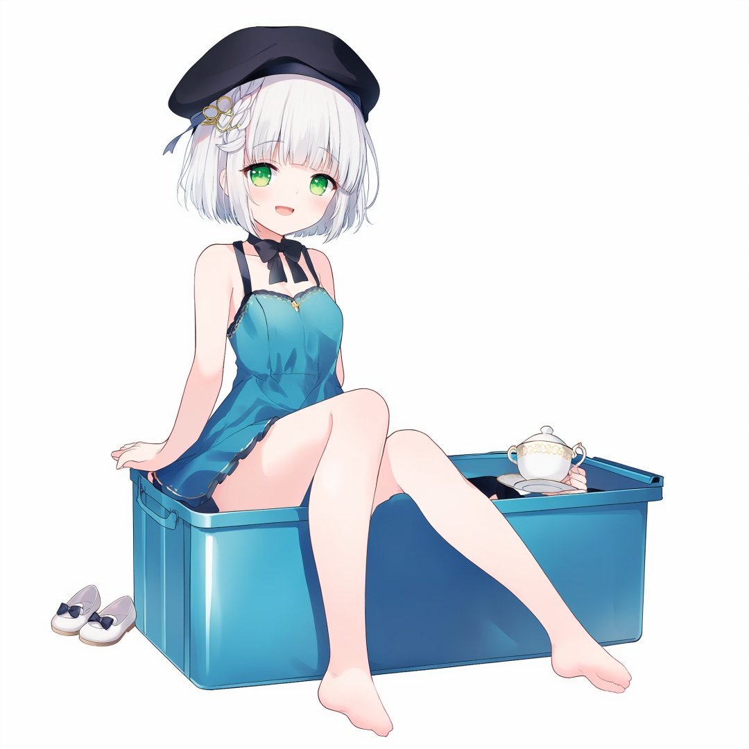 1girl, cup, solo, hat, in cup, braid, white hair, open mouth, feet, looking at viewer, toes, dress, smile, wrist cuffs, teacup, barefoot, shoes, bangs, soles, black headwear, in container, beret, white background, collarbone, :d, bare legs, green eyes, sitting, shoes removed, short hair, sleeveless, full body, single shoe, blue dress, blunt bangs, bare shoulders, breasts, ribbon, simple background