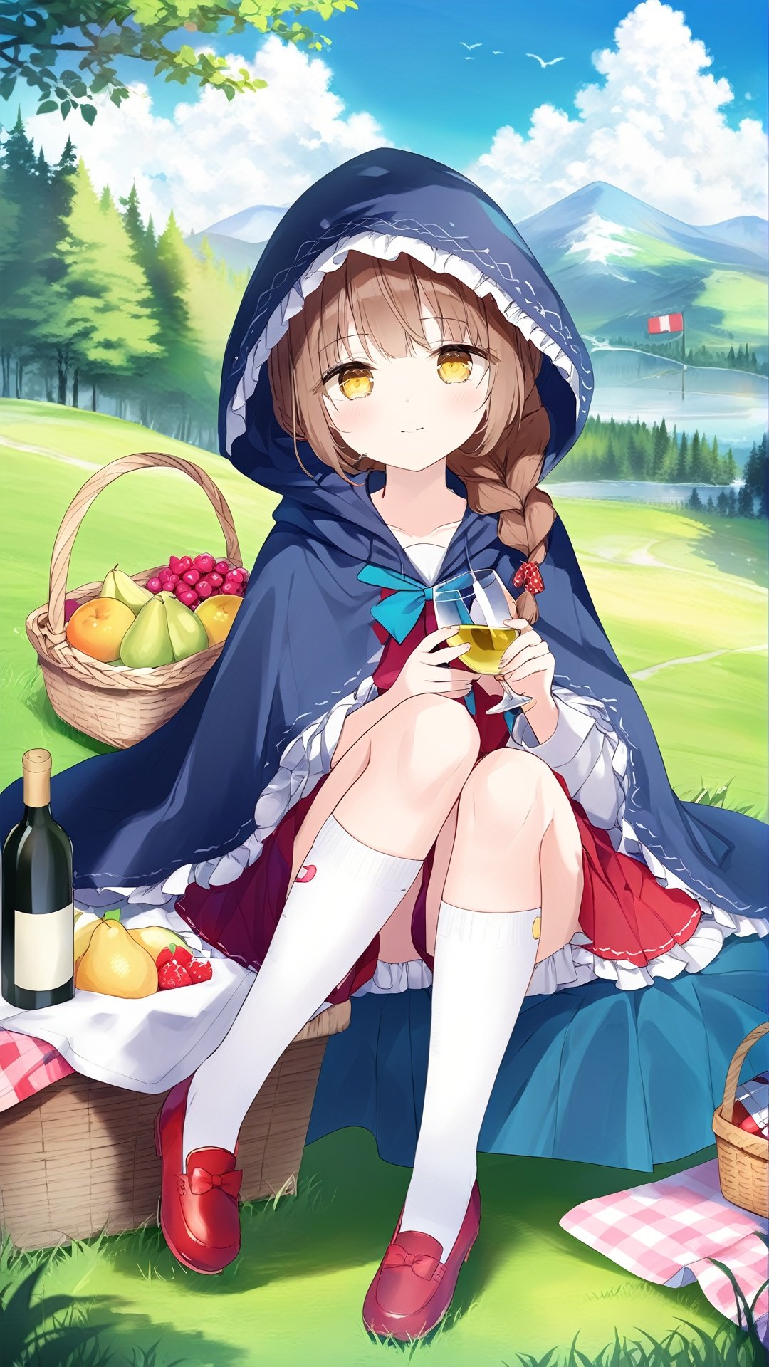 1girl, bottle, solo, skirt, sitting, braid, outdoors, hood, shirt, socks, white socks, white shirt, red skirt, twin braids, shoes, bandaid, red footwear, wine bottle, looking at viewer, tree, brown hair, day, long hair, holding, frills, little red riding hood (grimm), frilled skirt, food, bandaid on leg, mary janes, closed mouth, yellow eyes, hood up, bow, basket, kneehighs, fruit, sky, cloak, hooded cloak, grass, bangs, hooded cape, hooded capelet, alcohol, animal hood, full body, picnic basket, cup, cloud, bandaid on knee, pleated skirt, mountain, cape, brown eyes, collarbone