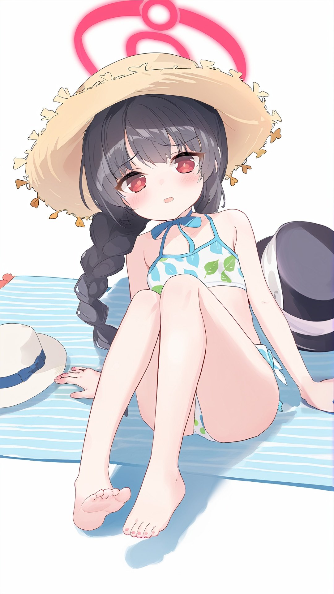 1girl, red eyes, hat, solo, swimsuit, halo, feet, toes, black hair, barefoot, miyu (blue archive), bikini, soles, braid, long hair, sitting, twin braids, white background, looking at viewer, straw hat, simple background, open mouth, white bikini, leaf, blush, bare legs, bangs, small breasts, twintails, full body