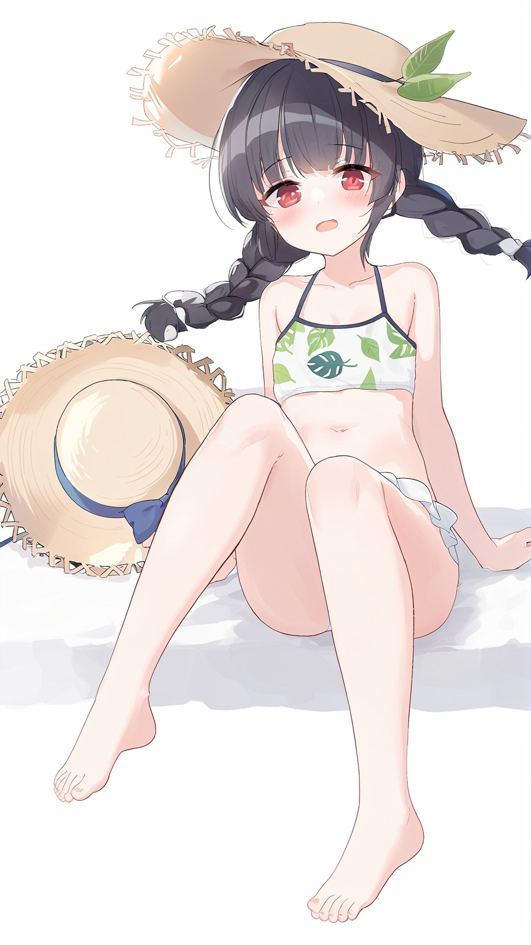 1girl, red eyes, hat, solo, swimsuit, halo, feet, toes, black hair, barefoot, miyu (blue archive), bikini, soles, braid, long hair, sitting, twin braids, white background, looking at viewer, straw hat, simple background, open mouth, white bikini, leaf, blush, bare legs, bangs, small breasts, twintails, full body