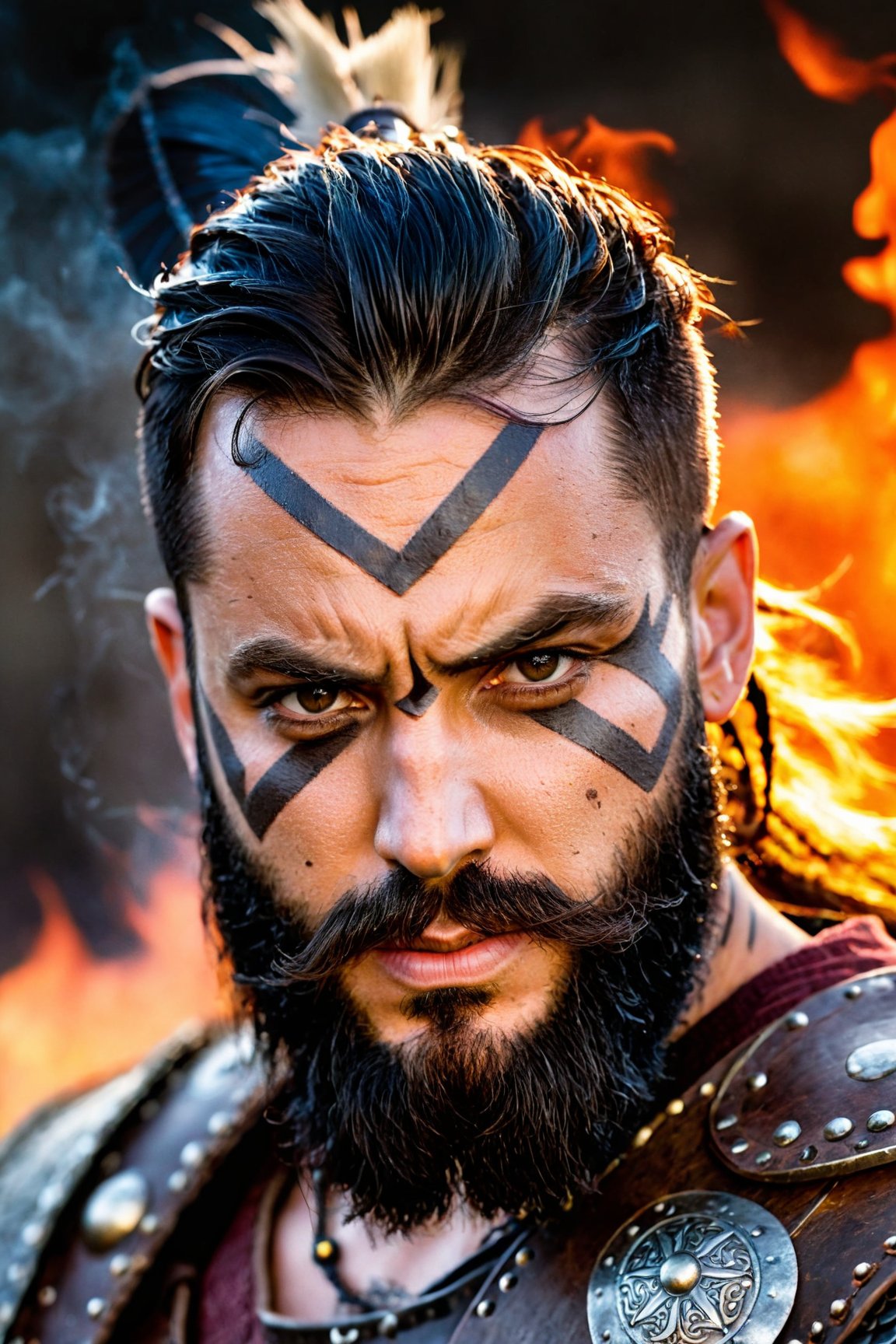 portrait,  viking warrior,  man,  warrior face paintings and blood,  detailed eyes,  shallow depth of field,  vignette,  highly detailed,  high budget Hollywood film,  (best quality,  4k,  8k,  highres,  masterpiece:1.2),  ultra-detailed,  (realistic,  photorealistic,  photo-realistic:1.37),  HDR,  UHD,  studio lighting,  ultra-fine painting,  sharp focus,  physically-based rendering,  extreme detail description,  professional,  vivid colors,  bokeh,  portraits,  war paint,  fierce expression,  metal armor,  weathered look,  bearded,  strong physique,  intense gaze,  androgynous,  scar on face,  battle scars,  broad shoulders,  ornate helmet,  ancient runes,  beads in hair,  smoke in background,  sword in hand,  shield,  stoic expression,  wind-swept hair,  roaring warrior,  muscular build,  heroic stance,  foreboding atmosphere,  dramatic lighting,  gritty texture,  contrasting shadows,  fire in the eyes,  tribal tattoos,  swirling mist,  ferocious demeanor,  commanding presence,  secrets in the eyes,  warrior symbol,  weathered background,  weather-beaten face,<lora:EMS-89317-EMS:0.800000>