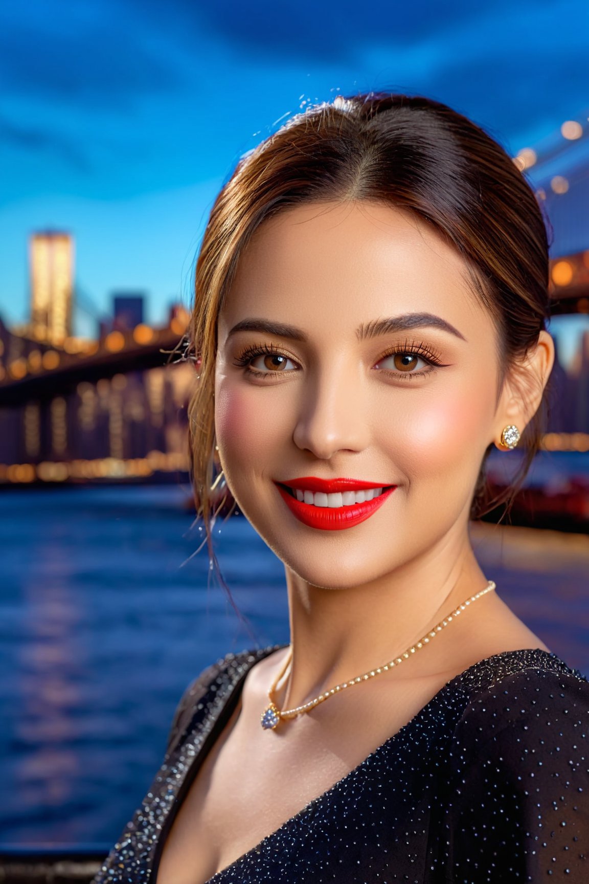 (best quality, 4k, 8k, highres, masterpiece:1.2), ultra-detailed, (realistic, photorealistic, photo-realistic:1.37), woman, new york city background, formal clothing, cute smile, motion background, cinematic, evening short, beautiful detailed eyes, beautiful detailed lips, professional, vivid colors, sharp focus, HDR, studio lighting,<lora:EMS-89317-EMS:0.800000>