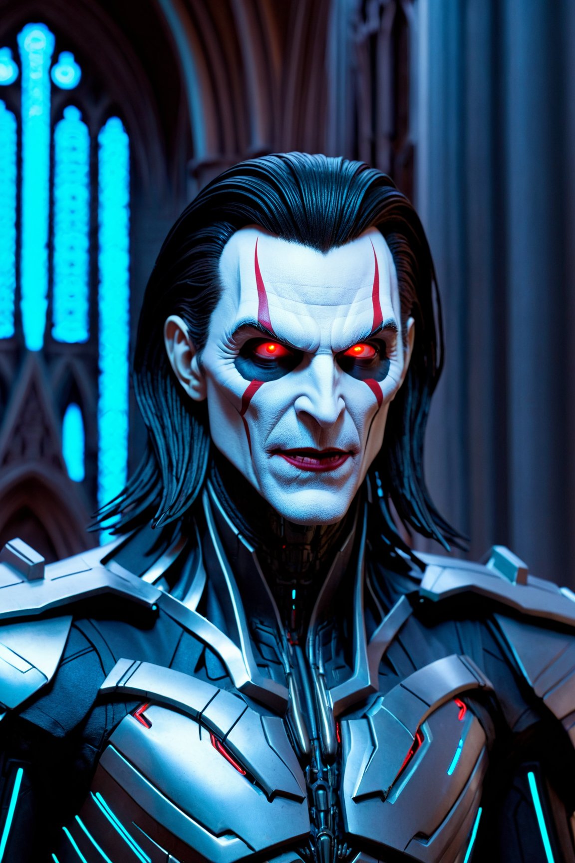 (Morbius from Marvel,  portrayed with hyper-realistic perfection and Joker-style hair),  (Biomechanical robot in a cyberpunk cathedral),  This award-winning photo,  featured on Zbrush Central,  captures Morbius in a hyper-realistic portrayal with a distinct Joker-style hairdo. The intricate biomechanical details,  extremely sharp lines,  and the presence of a cybernetic limb complement the cyberpunk atmosphere of a gothic brutalist cathedral illuminated by neon lights.,<lora:EMS-89317-EMS:0.800000>