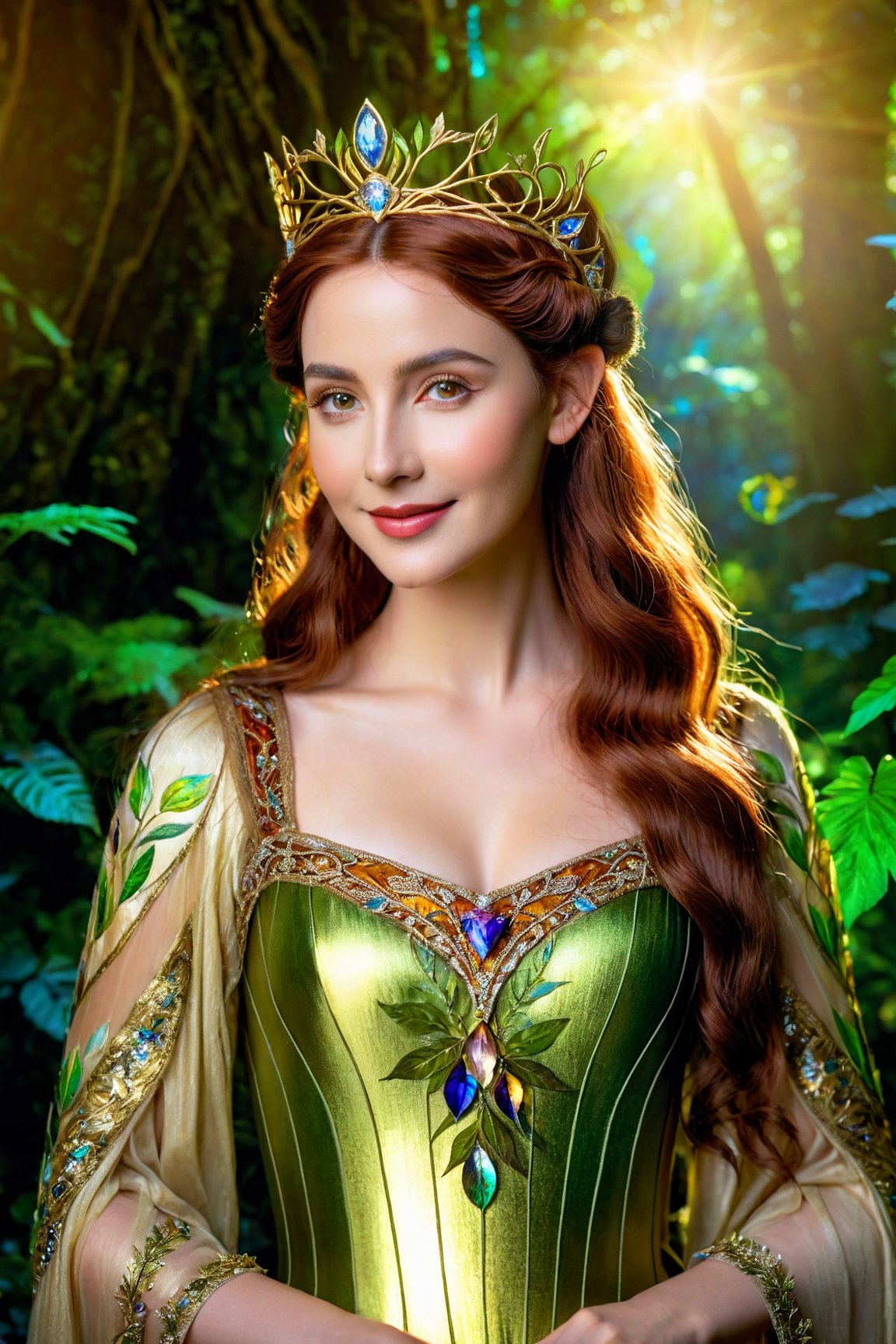High quality,  masterpiece,  8K,  portrait,  elven queen in a lush forest,  shimmering golden gown,  jeweled tiara,  enigmatic smile,  surrounded by ethereal glowing fauna,  (magic-infused:1.4),  vivid colors,  intricate foliage patterns,  chiaroscuro lighting,  (Pre-Raphaelite art style:1.2),<lora:EMS-89317-EMS:0.800000>