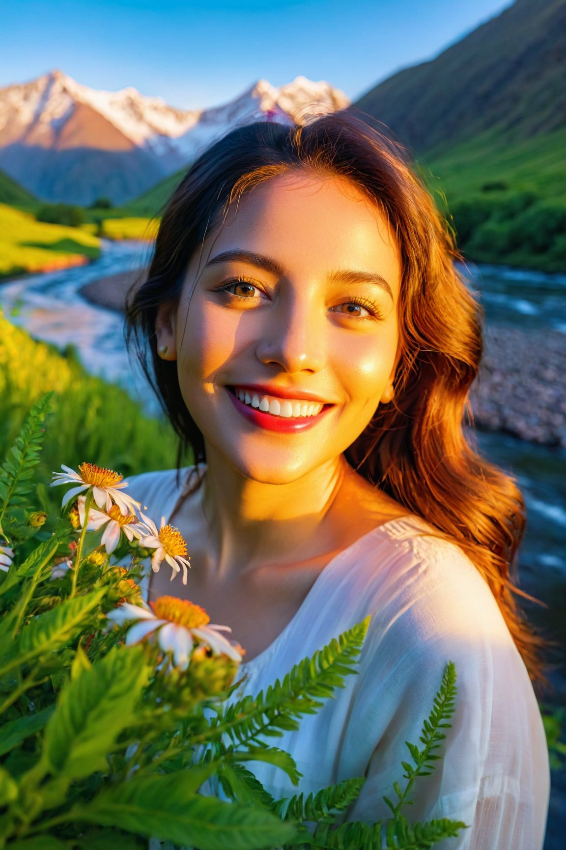 (best quality, 8k, highres, masterpiece:1.2), photorealistic, ultra-detailed, vibrant photography of a woman in nature,  cute smile, dramatic lighting, finely detailed beautiful eyes, fine detailed skin, Natural scenery, majestic landscape, colorful flowers, distant mountains, flowing rivers, melting sunset, serene atmosphere, dazzling sunlight, blissful vibes, freckled face, luscious greenery, soft breeze, ethereal beauty,<lora:EMS-89317-EMS:0.800000>