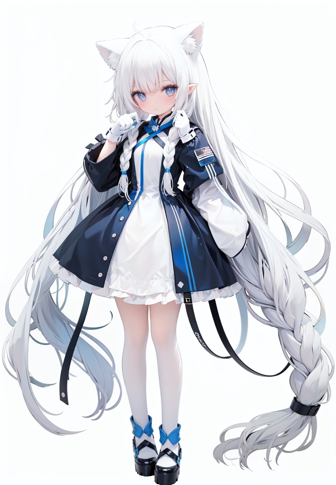  1girl, white_gloves, braid, full_body, gloves, long_hair, official_alternate_costume, pointy_ears, simple_background, solo, standing, very_long_hair, white_background, white hair, blue eyes, paw claw pose, open_mouth