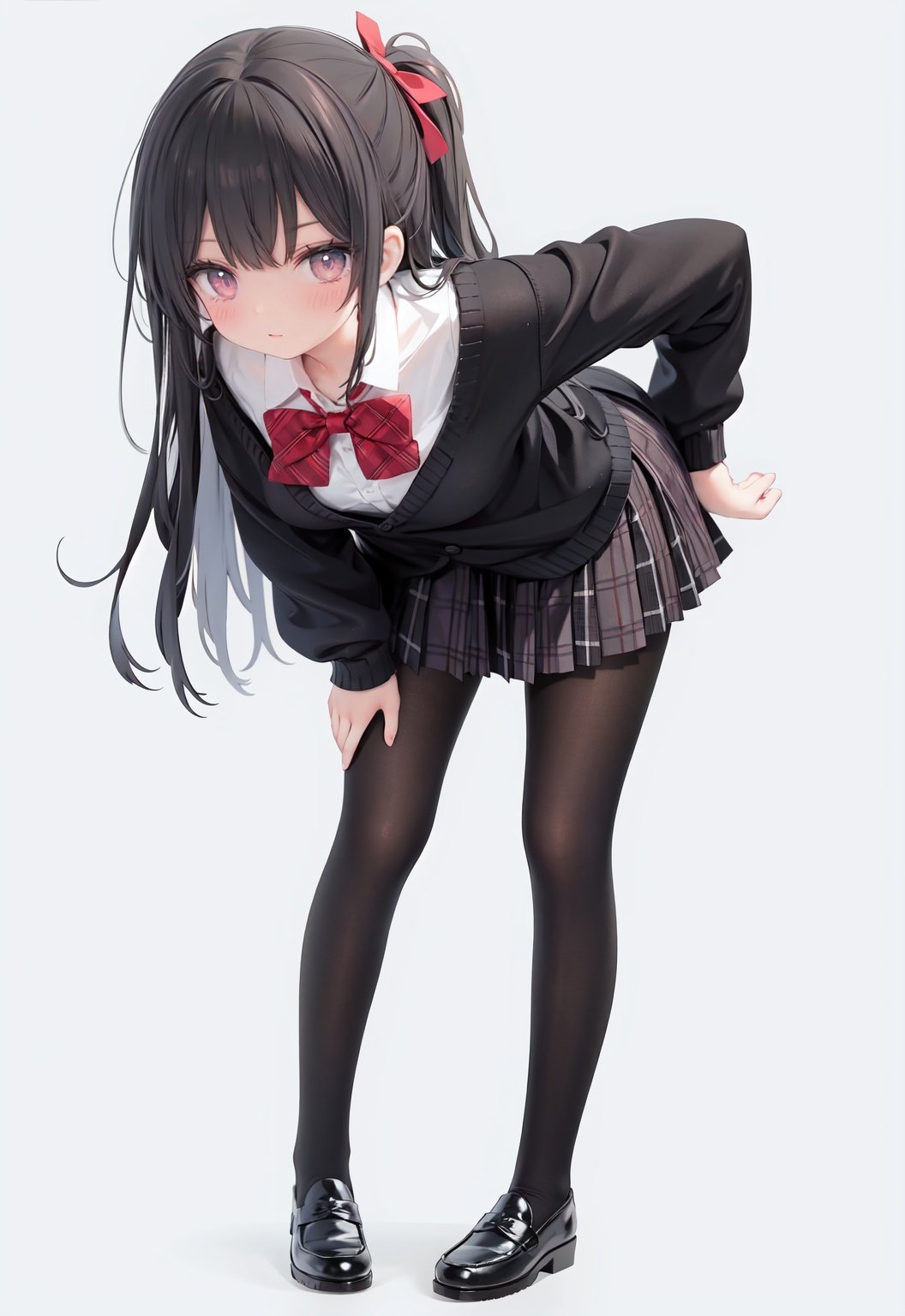  1girl, solo, pantyhose, skirt, long hair, loafers, shoes, simple background, school uniform, brown eyes, plaid, black pantyhose, plaid skirt, looking at viewer, black hair, pantyhose pull, full body, clothes pull, black footwear, pleated skirt, leaning forward, bangs, long sleeves, bent over, cardigan, bow, bowtie, standing, closed mouth, pulled by self, grey background, blush, miniskirt, red bow, sweater, undressing