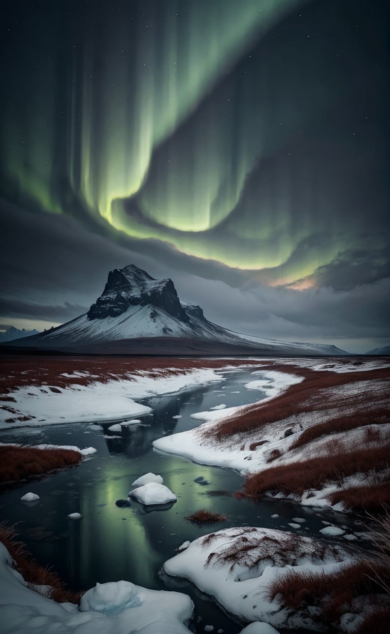  scenery,absurdres,hyper realistic lifelike texture dramatic lighting unrealengine trending on artstation,award winning photo,nikon RAW photo,8k,Fujifilm XT3,masterpiece,no humans,,cold, winter, mountain, fog, lut, cinematic, dimmed colors, dark shot, muted colors, film grain, ice,iceland,aurora,