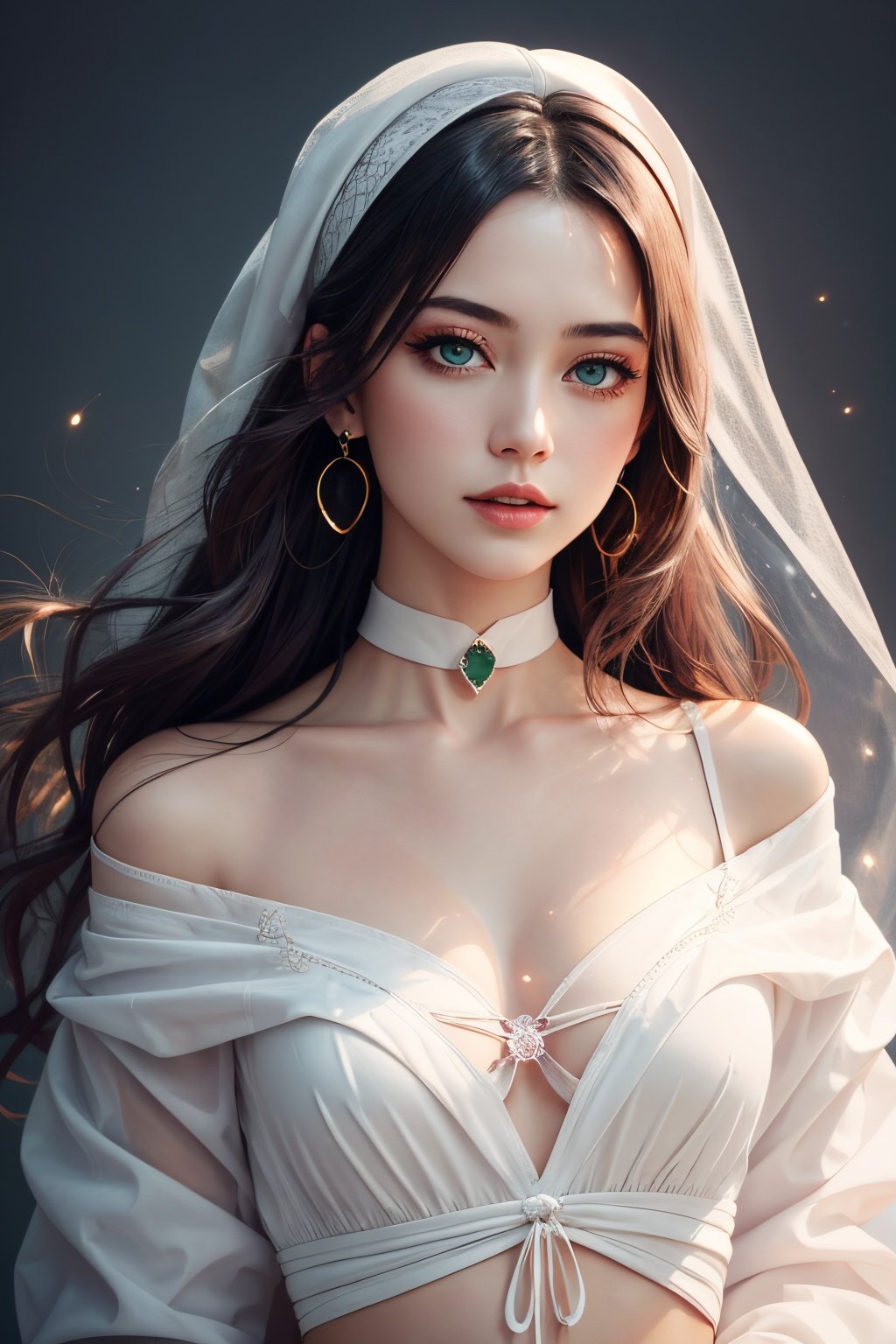  Masterpiece, Ultimate, (A girl was bound with white cloth:1.5), silk, cocoon, spider web, Solo, Complex Details, Color Differences, Realistic, (Moderate Breath), Off Shoulder, Eightfold Goddess, Pink Long Hair, White Headwear, Hair Above One Eye, Green Eyes, Earrings, Sharp Eyes, Perfect Fit, Choker, Dim Lights,cocoon,transparent,jiBeauty, illumination Pro