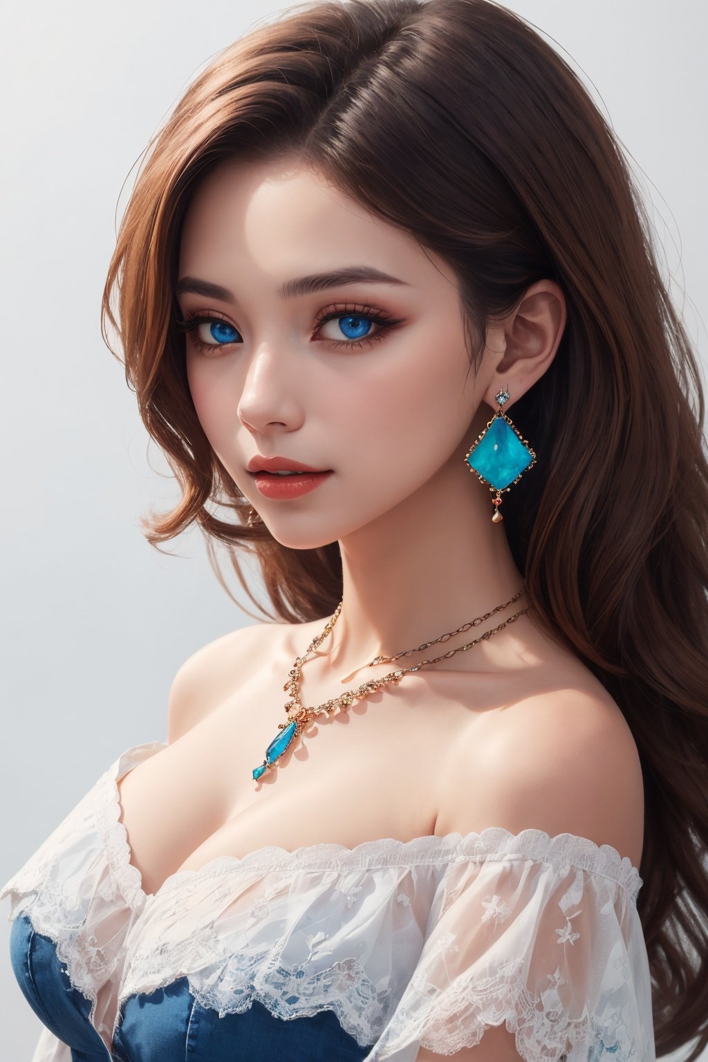  High quality, masterpiece, 1 girl, blue eyes,blue, orange, red,Blue gemstone earrings, blue gemstone necklace,Breast crevices, off shoulder,white background