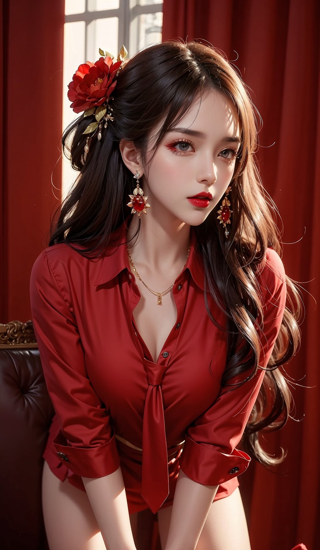  1girl,gem,lips,lipstick,long hair,looking at viewer,Earrings,makeup,parted lips,red lips,Red shirt, tie,solo, hair flower,thighs,half body photo,