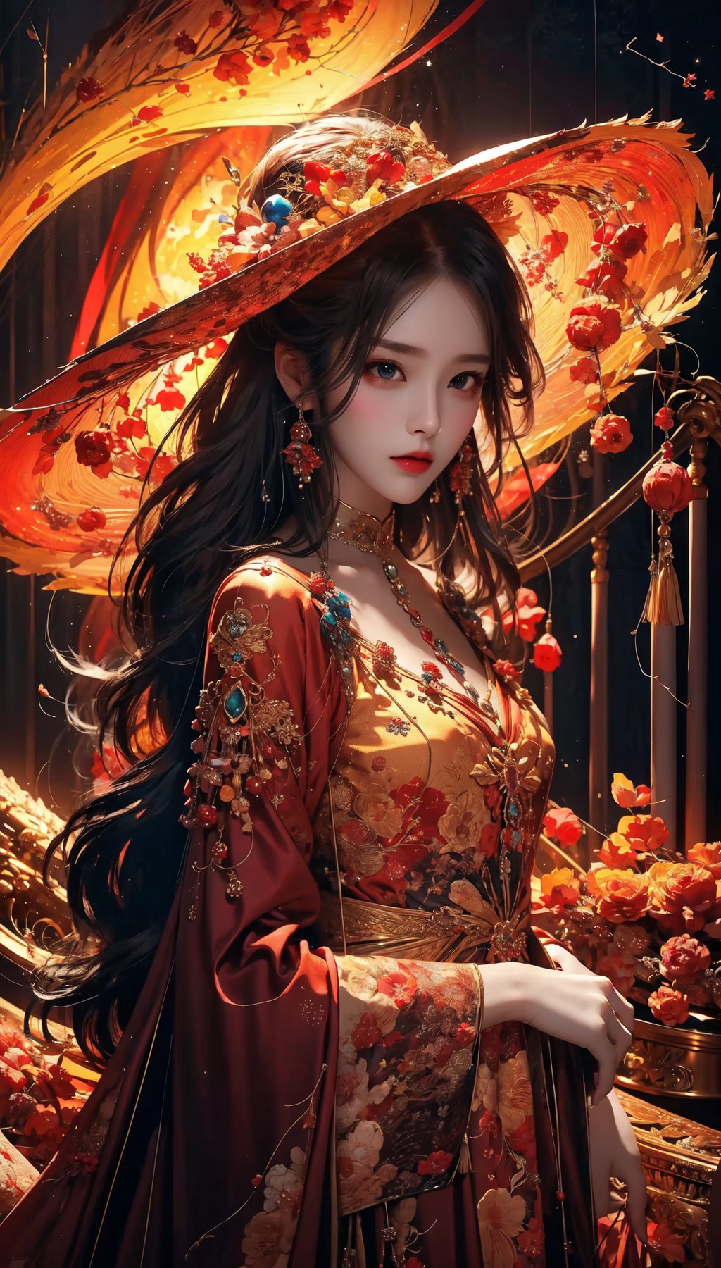  1girl,artist name,gem,glowing,jewelry,long hair,looking at viewer,magic,(big hat),artist name,aurora,choker,constellation,embers,light particles,qingsha,jujingyi