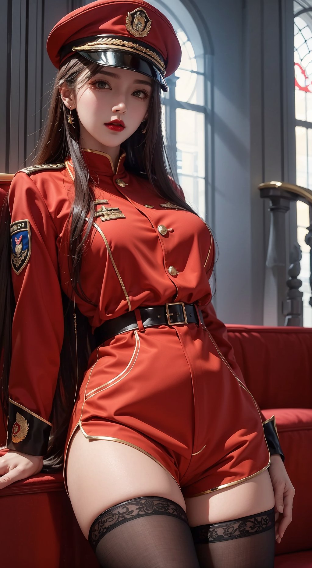  1girl,red lips,Red clothes, red military caps, badges, shorts, thighs, stockings,