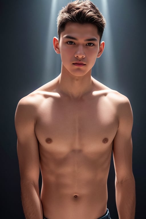 ((masterpiece)),((bestquality)),photography,award winning,documentary,8k,high detailed,ultra-detailed,depth of field,1boy,adult,male focus,handsome face,slim,real skin texture,well-proportioned hands,solo,face difference,model,thick  eyebrows,topless male,boxie,,,[||],,,[|],,in the studio,{Golden Ratio|Portrait|Cinematic Shot},({Accent lighting|Firelight|rays of shimmering light|Fresco lighting}),(simple background:1.45),<lora:add_detail:1>,