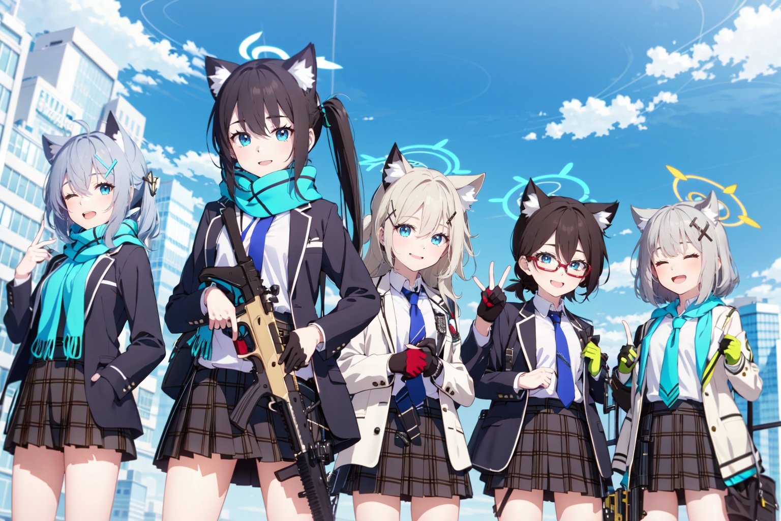 -shiroko (blue archive), halo, weapon, multiple girls, animal ears, nonomi (blue archive), gun, sig sauer, 4girls, jacket, long hair, skirt, assault rifle, gloves, school uniform, glasses, id card, rifle, plaid skirt, grey hair, twintails, scarf, smile, outdoors, necktie, closed eyes, black hair, cat ears, shirt, short hair, hair ornament, extra ears, holding, shotgun, animal ear fluff, pleated skirt, blazer, sky, cloud, open jacket, open mouth, white shirt, red eyes, looking at viewer, plaid, ahoge, red-framed eyewear, blue eyes, building, shorts, mismatched pupils, hoshino (blue archive), brown hair, bangs, cross hair ornament, holding weapon, very long hair, long sleeves, open clothes, holding gun, brown eyes, fingerless gloves, collared shirt, blue scarf, black gloves, green gloves, city, breasts,blue archive,<lora:blue archive-000018:0.8>,