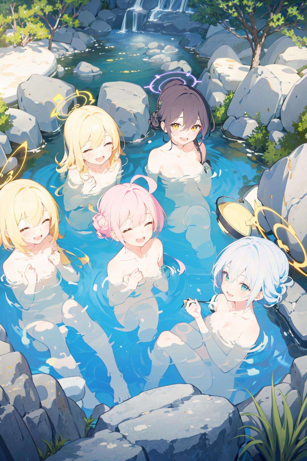 (masterpiece:1.2),best quality,PIXIV,blue archive,multiple girls,halo,6+girls,pink hair,onsen,breasts,nude,closed eyes,smile,blonde hair,hair bun,black hair,water,open mouth,blush,partially submerged,yellow eyes,ahoge,bathing,small breasts,long hair,:d,bangs,outdoors,braid,sitting,completely nude,aqua hair,collarbone,holding,bucket,rock,single hair bun,^_^,hair between eyes,convenient censoring,hair ornament,short hair,sidelocks,blue hair,bush,steam,medium breasts,multicolored hair,<lora:blue archive-000018:0.8>,