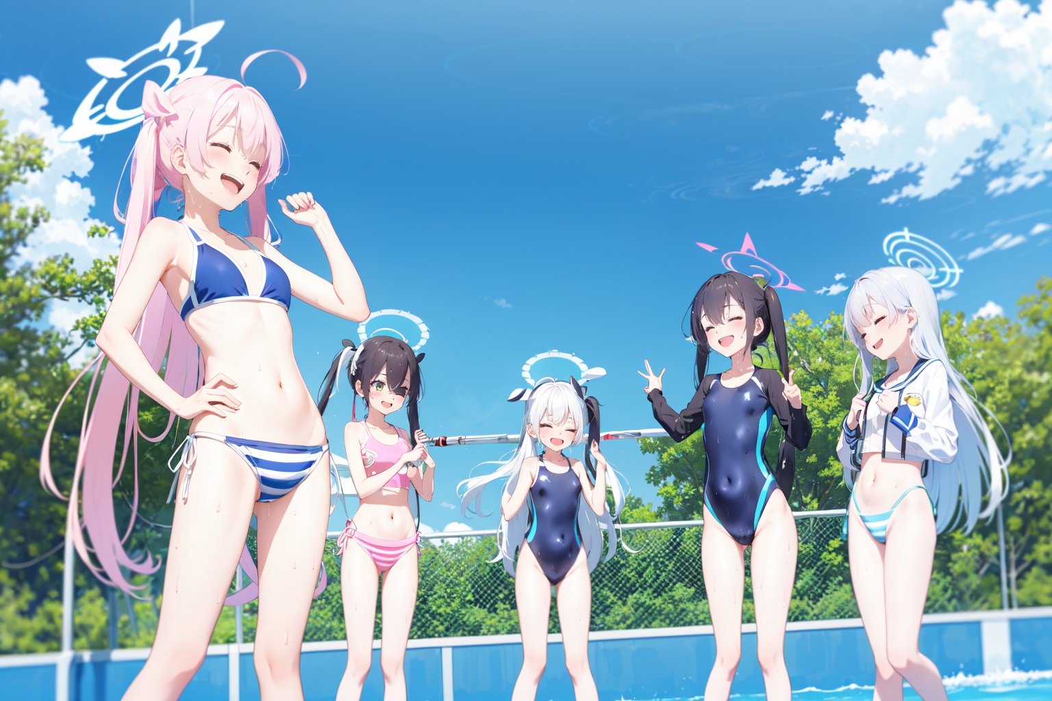 -azusa (blue archive), hifumi (blue archive), swimsuit, multiple girls, koharu (blue archive), pool, hose, halo, school swimsuit, 4girls, wings, one-piece swimsuit, ahoge, closed eyes, pink hair, bikini, striped, water, school uniform, striped bikini, one eye closed, rifle, twintails, long hair, navel, weapon, low twintails, sky, swimsuit under clothes, gun, hoshino (blue archive), outdoors, white hair, braid, hat, smile, assault rifle, wet, open mouth, day, blush, fence,blue archive,<lora:blue archive-000018:0.8>,