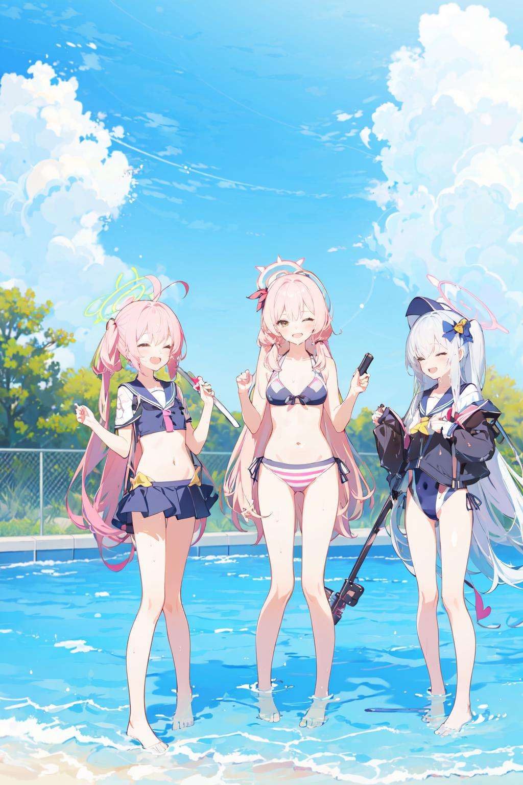 -azusa (blue archive), hifumi (blue archive), swimsuit, multiple girls, koharu (blue archive), pool, hose, halo, school swimsuit, 4girls, wings, one-piece swimsuit, ahoge, closed eyes, pink hair, bikini, striped, water, school uniform, striped bikini, one eye closed, rifle, twintails, long hair, navel, weapon, low twintails, sky, swimsuit under clothes, gun, hoshino (blue archive), outdoors, white hair, braid, hat, smile, assault rifle, wet, open mouth, day, blush, fence,blue archive,<lora:blue archive-000018:0.8>,