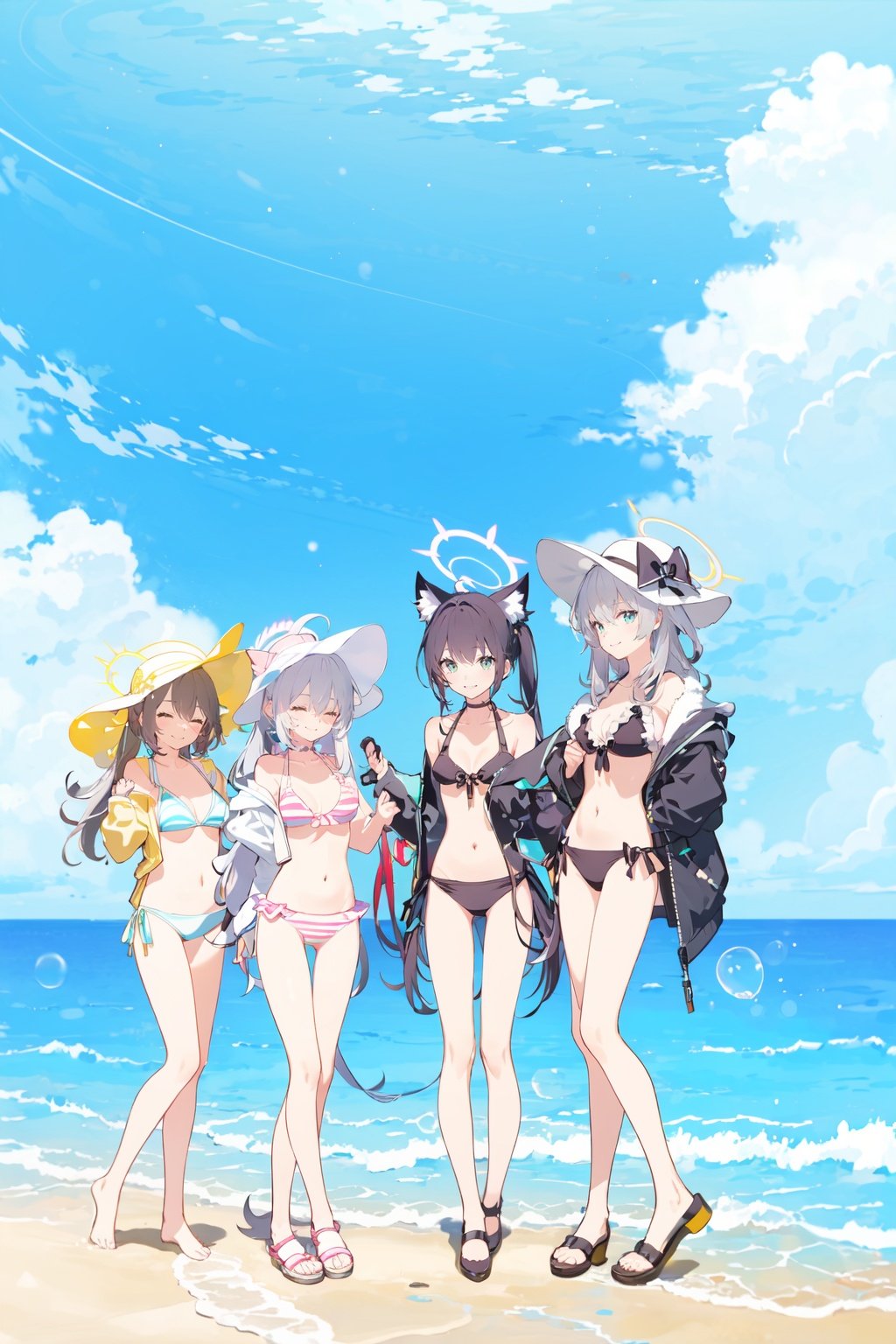 -hoshino (blue archive), nonomi (blue archive), swimsuit, shiroko (blue archive), multiple girls, shiroko (swimsuit) (blue archive), bikini, yellow bikini, halo, animal ears, long hair, one-piece swimsuit, pink hair, grey hair, 5girls, frilled bikini, twintails, closed eyes, ocean, outdoors, breasts, sky, black hair, off shoulder, animal ear fluff, ahoge, very long hair, hair ornament, off-shoulder bikini, jacket, navel, frills, cloud, cleavage, official alternate costume, sun hat, hat, sunglasses, white bikini, cat ears, black bikini, eyewear on head, day, striped bikini, short hair, mismatched pupils, innertube, bangs, water, smile, ponytail, standing, open jacket,blue archive,<lora:blue archive-000018:0.8>,