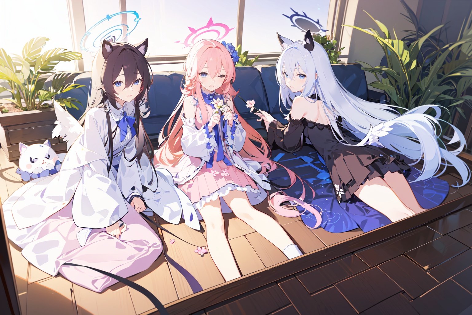 -multiple girls,halo,long hair,azusa (blue archive),lying,5girls,hair ornament,blue eyes,hair flower,flower,black hair,dress,on back,shiroko (blue archive),purple eyes,animal ears,plant,aris (blue archive),white hair,potted plant,hina (blue archive),skirt,closed eyes,bangs,hair between eyes,grey hair,official alternate costume,alternate costume,holding,red hair,pink hair,wings,horns,looking at viewer,shirt,blue archive,<lora:blue archive-000018:0.8>,