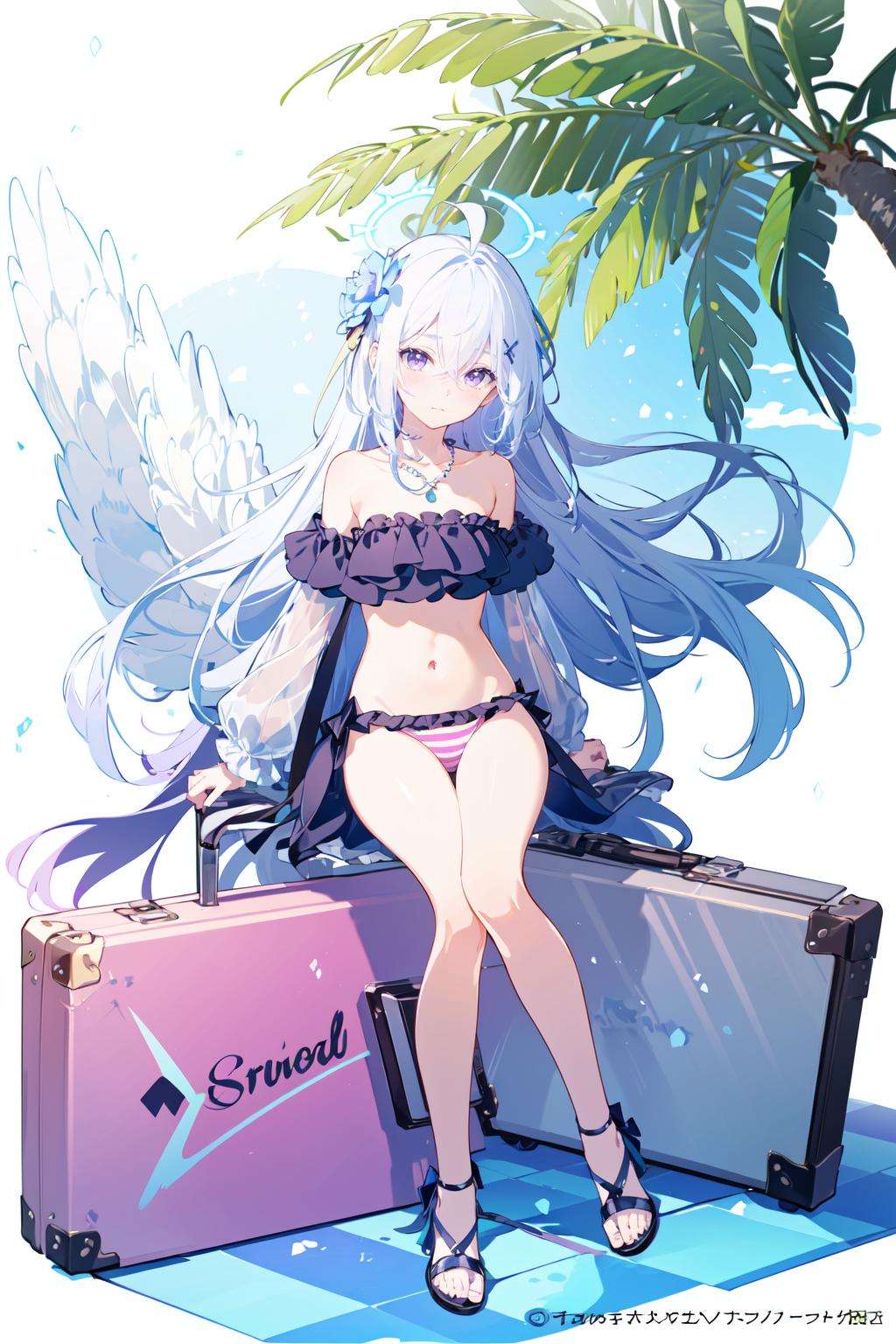 -1girl, azusa (blue archive), swimsuit, bikini, long hair, hair ornament, flower, solo, wings, hair flower, white hair, beads, suitcase, frills, bangs, bow, jewelry, navel, sandals, necklace, looking at viewer, halo, white background, frilled bikini, palm tree, bead necklace, hair between eyes, bag, purple flower, sitting, bare legs, full body, strapless bikini, blush, very long hair, simple background, copyright name, ribbon, tree, pink eyes, purple eyes, ahoge, bare shoulders, white wings, hair bow, pink flower, striped, strapless, hair ribbon, pink bow, closed mouth, luggage,blue archive,<lora:blue archive-000018:0.8>,