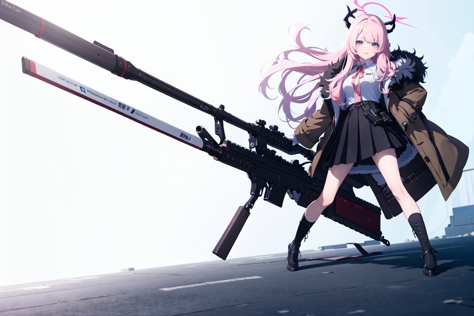 (masterpiece:1.2),best quality,PIXIV,blue archive,1girl, aru (blue archive), solo, weapon, gun, horns, skirt, halo, gloves, long hair, rifle, sniper rifle, shirt, white gloves, black skirt, holding, white background, pink hair, white shirt, ribbon, simple background, fur trim, neck ribbon, holding weapon, full body, looking at viewer, red ribbon, holding gun, coat, bangs, long sleeves, black footwear, shaded face, collared shirt, breasts, fur-trimmed coat, brown coat<lora:blue archive-000018:0.8>,