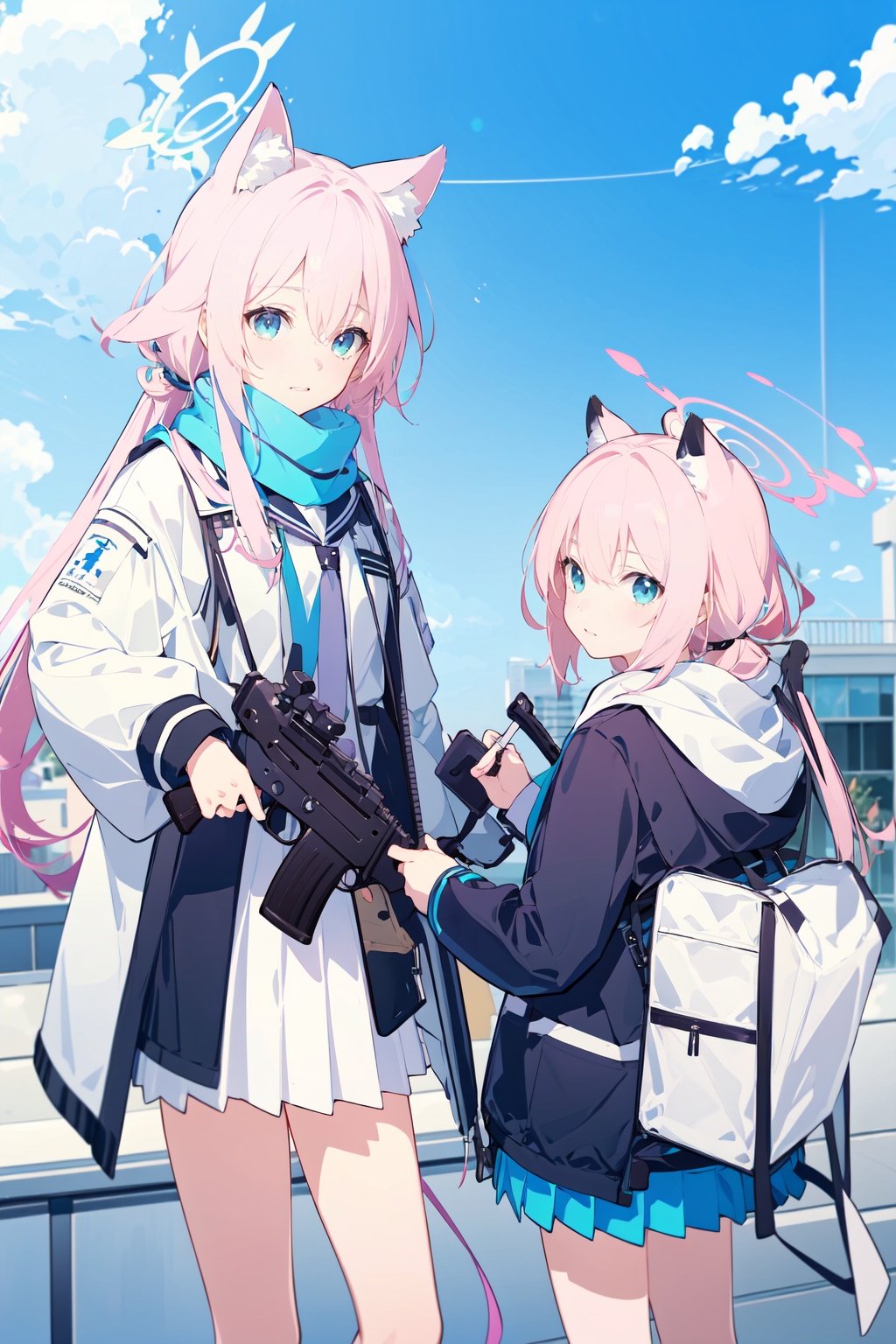 -multiple girls, koharu (blue archive), halo, school uniform, shiroko (blue archive), animal ears, hoshino (blue archive), gun, 5girls, rifle, pink hair, weapon, assault rifle, outdoors, head wings, sky, jacket, hair ornament, twintails, scarf, hat,blue archive,<lora:blue archive-000018:0.8>,