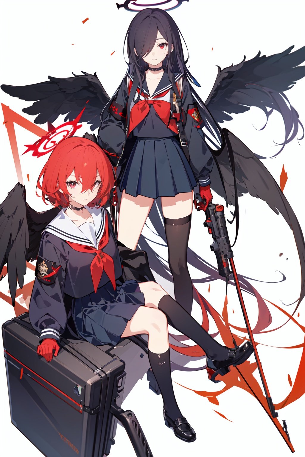 -multiple girls, weapon, 3girls, hasumi (blue archive), long hair, halo, skirt, school uniform, black hair, gun, wings, gloves, black wings, serafuku, breasts, red eyes, large breasts, rifle, black serafuku, holding weapon, sailor collar, short hair, armband, black skirt, very long hair, choker, long skirt, bangs, pleated skirt, purple eyes, holding, looking at viewer, holding gun, black gloves, hair between eyes, sniper rifle, feathered wings, anti-materiel rifle, bow, long sleeves, red bow, mole under eye, black choker, bowtie, mole, closed mouth, large wings, low wings, red necktie, hair over one eye, necktie, thighhighs, red bowtie, standing,blue archive,<lora:blue archive-000018:0.8>,