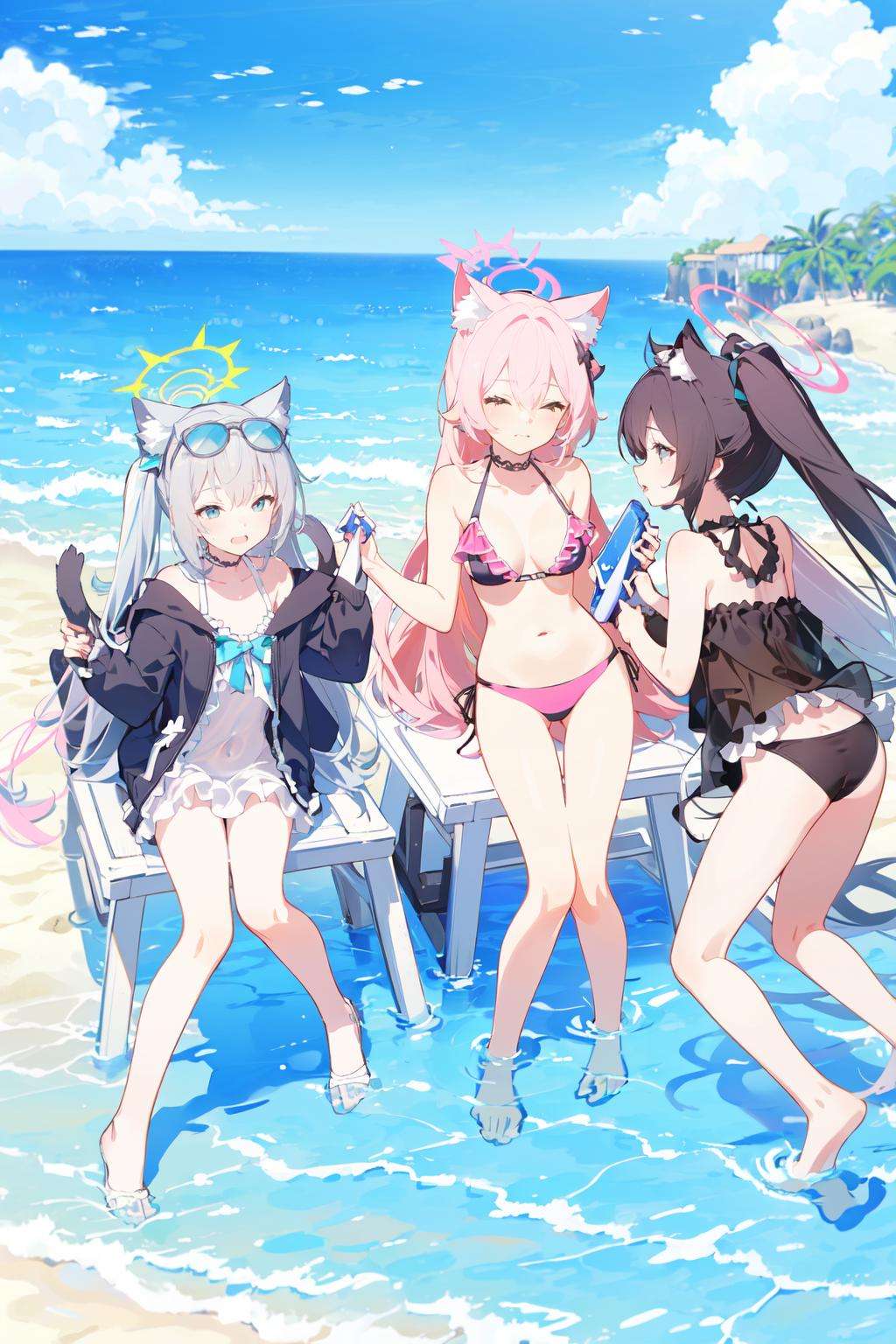 -hoshino (blue archive), multiple girls, swimsuit, halo, bikini, animal ears, pink hair, shiroko (blue archive), long hair, food, beach, twintails, black hair, nonomi (blue archive), grill, frilled bikini, 4girls, animal ear fluff, frills, umbrella, weapon, closed eyes, sunglasses, holding, night, official alternate costume, cat ears, shiroko (swimsuit) (blue archive), hair ornament, off shoulder, outdoors, eyewear on head, ocean, ponytail, octopus, black bikini, very long hair, grey hair, corn, rifle, navel, cooler, plate, hifumi (blue archive), red eyes,blue archive,<lora:blue archive-000018:0.8>,