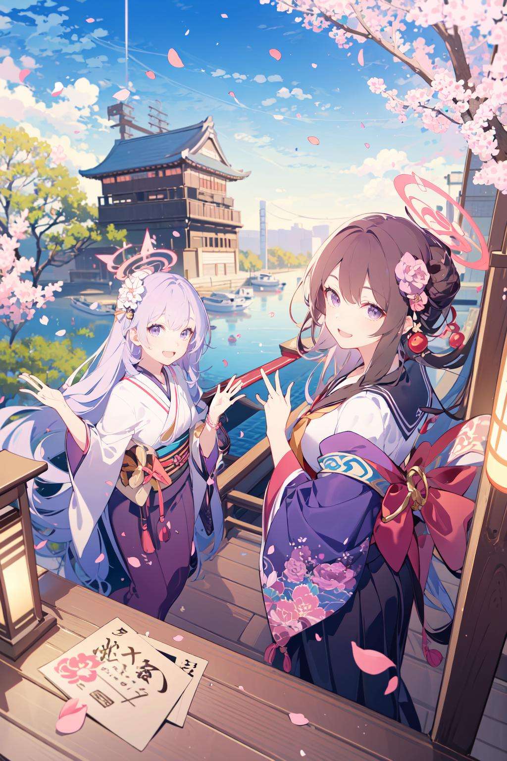 -halo, waving, long hair, outdoors, multiple girls, japanese clothes, lantern, cherry blossoms, kimono, east asian architecture, holding, architecture, paper lantern, smile, day, looking at viewer, red neckerchief, sky, neckerchief, bangs, open mouth, purple hair, multiple boys, wide sleeves, cloud, :d, horns, parted bangs, petals, building, brown hair, skirt, blue sky, purple eyes, sailor collar, long sleeves,blue archive,<lora:blue archive-000018:0.8>,