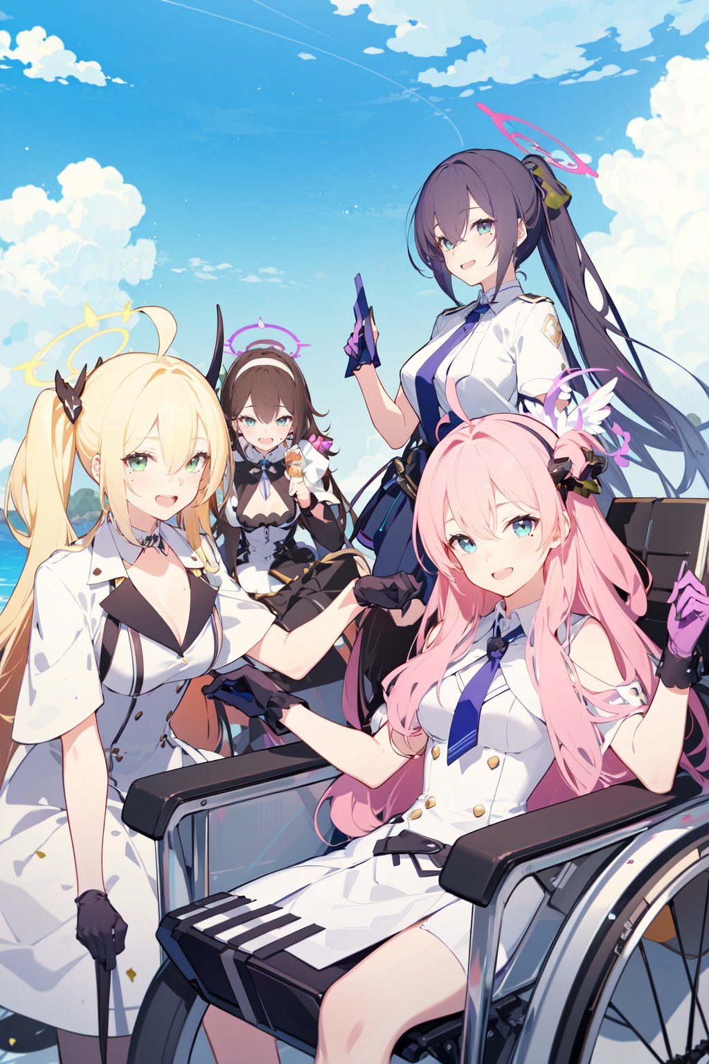 -multiple girls, 6+girls, black hair, pink hair, long hair, halo, multicolored hair, ahoge, closed eyes, blue hair, blue eyes, smile, white hair, yellow eyes, blonde hair, ponytail, dress, bangs, red eyes, horns, twintails, wheelchair, very long hair, hair between eyes, breasts, gloves, purple eyes, cloud, necktie, open mouth, hairband, hair ornament, two side up, two-tone hair, wings, white dress, sitting, sky, sidelocks, outdoors, purple hair, looking at viewer, mole, green eyes, grey hair, holding hands, :d, kayoko (blue archive), large breasts, medium breasts, blush, arm up, red hair, short sleeves, hina (blue archive), standing,blue archive,<lora:blue archive-000018:0.8>,