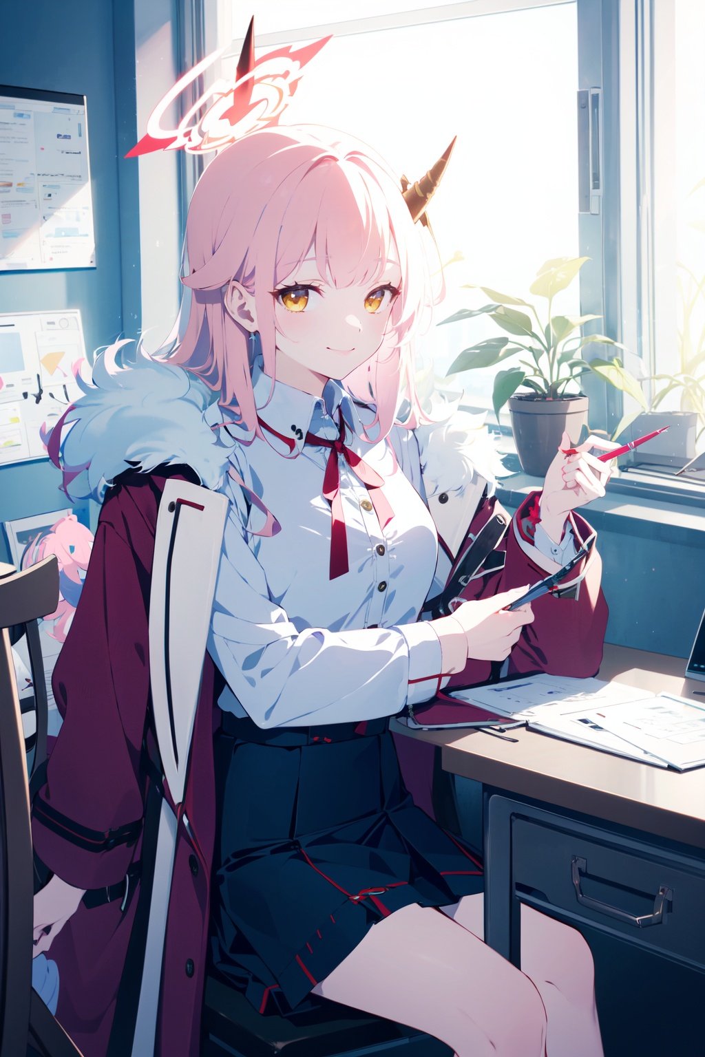 (masterpiece:1.2),best quality,PIXIV,blue archive,1girl,aru (blue archive),solo,long hair,halo,phone,crossed legs,horns,pink hair,sitting,skirt,holding,shirt,white shirt,yellow eyes,black skirt,fur trim,bangs,corded phone,blinds,coat on shoulders,chair,long sleeves,neck ribbon,coat,indoors,ribbon,pen,holding phone,smile,red ribbon,office chair,jacket on shoulders,window,plant,jacket,fur-trimmed coat,cellphone,holding pen,desk,blunt bangs,breasts,pencil skirt,collared shirt,red coat,<lora:blue archive-000018:0.8>,