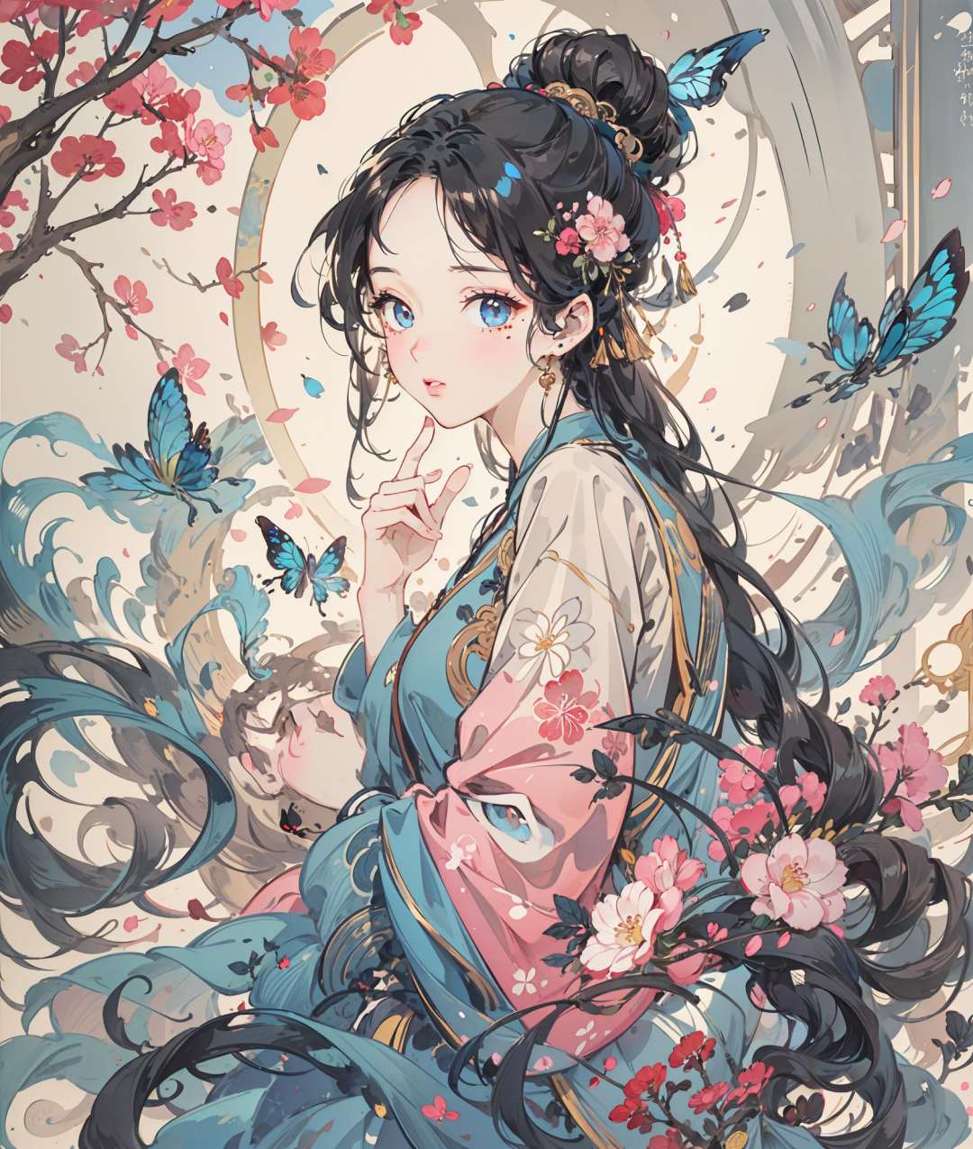 (Highest picture quality), (Master's work), (ultra-detailed), (Detailed eye description:1.2), masterpiece,best quality,extremely delicate and beautiful,beautiful detailed eyes and face, 1girl, black_hair, cherry blossom,hanfu, looking_at_viewer, mole, pink_flower,(masterpiece:1.4),(best quality:1.4),full body, butterfly,blue_text
